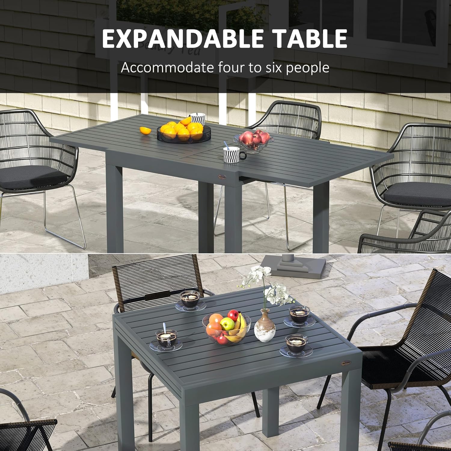 The Outsunny patio dining table in its expanded rectangular configuration, set for dining with fruits and drinks.