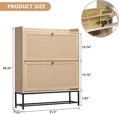 Miniatura 2 de LEVNARY Zapatero con 2 cajones abatibles, estantes estrechos de madera para zapatos, organizador de zapatos oculto independiente con patas de metal