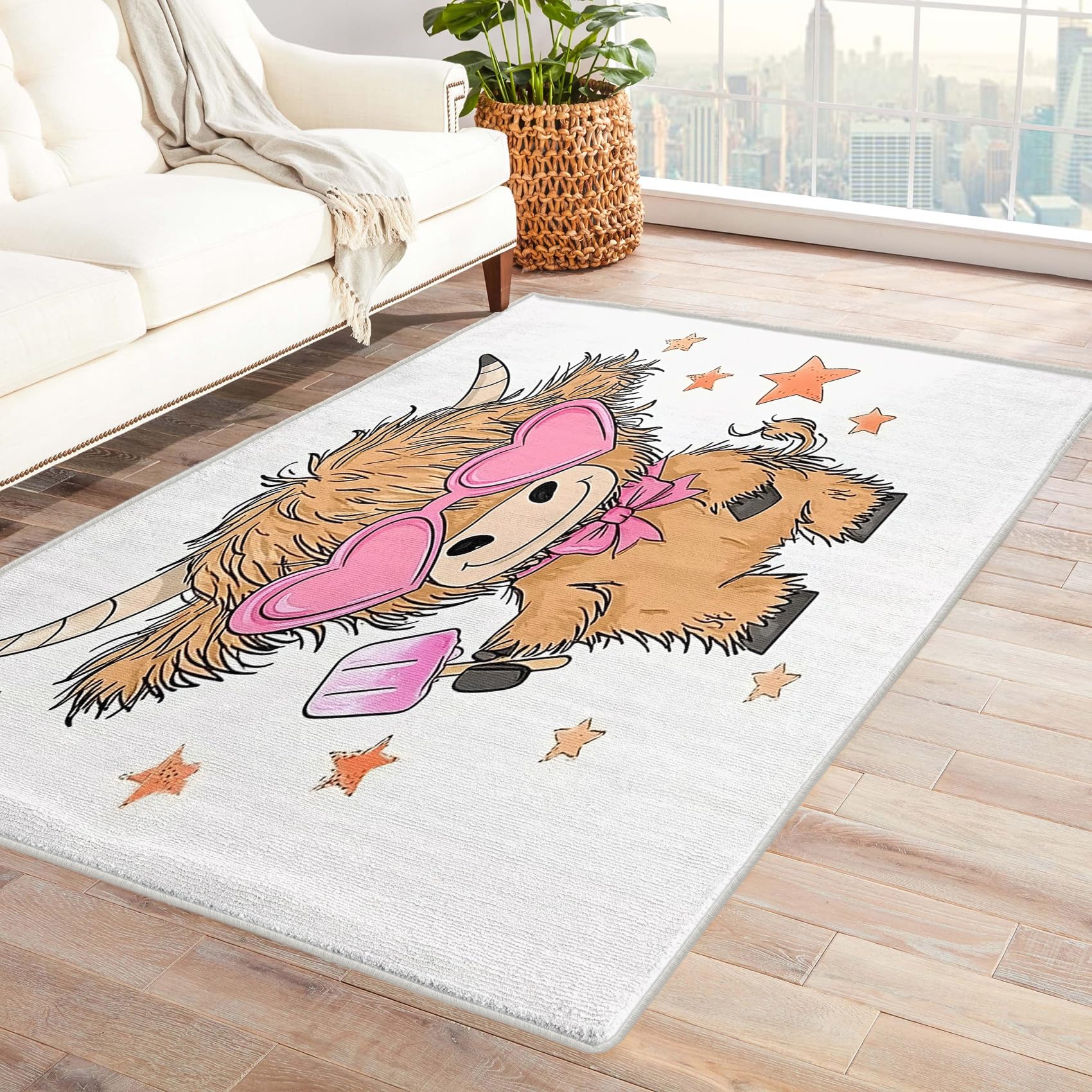 Highland Cow Nursery Decor - Funny Animal Rug, Girls Cute Cow Rugs for Living Room Bedroom, Washable Non Slip Soft Large Carpet, Patterned Area Rugs & Home Decor 120x170 cm