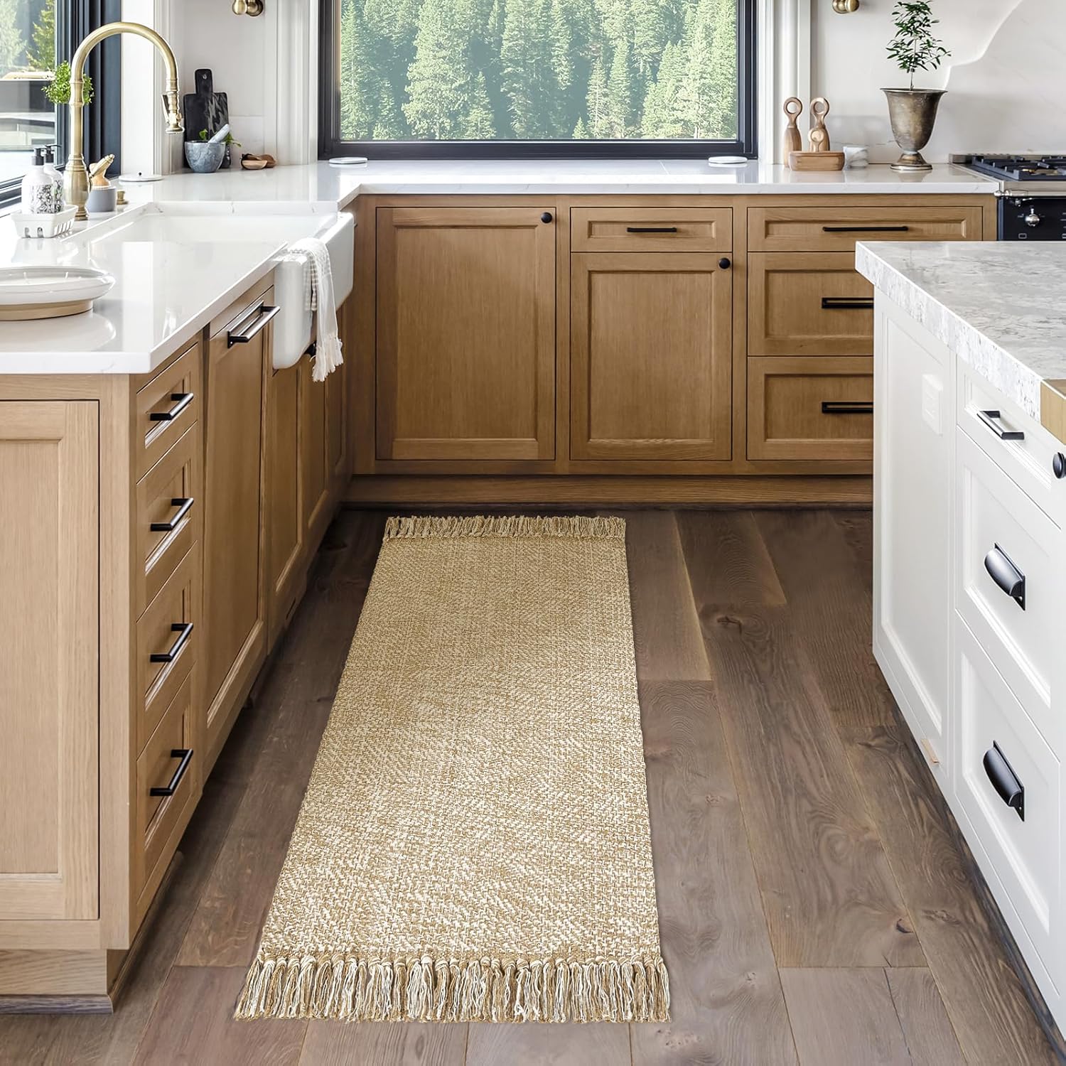 MitoVilla Boho Farmhouse Bathroom Runner Rug 2'x6', Tan Cream Cotton Woven Throw Rugs for Living Room, Washable Kitchen Rugs with Tassel, Area Rugs Floor Mat with Tassel for Entryway, Hallways