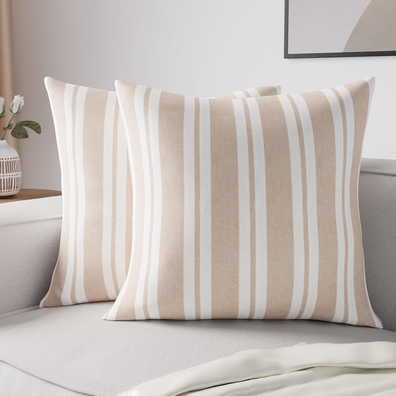 Encasa XO Farmhouse Throw Pillow Covers Set of 2 (24x24 in) Franca Beige Stripes | Decorative Cushion Covers No Inserts | Plaid and Stripes Pillow Covers for Living Room, Couch