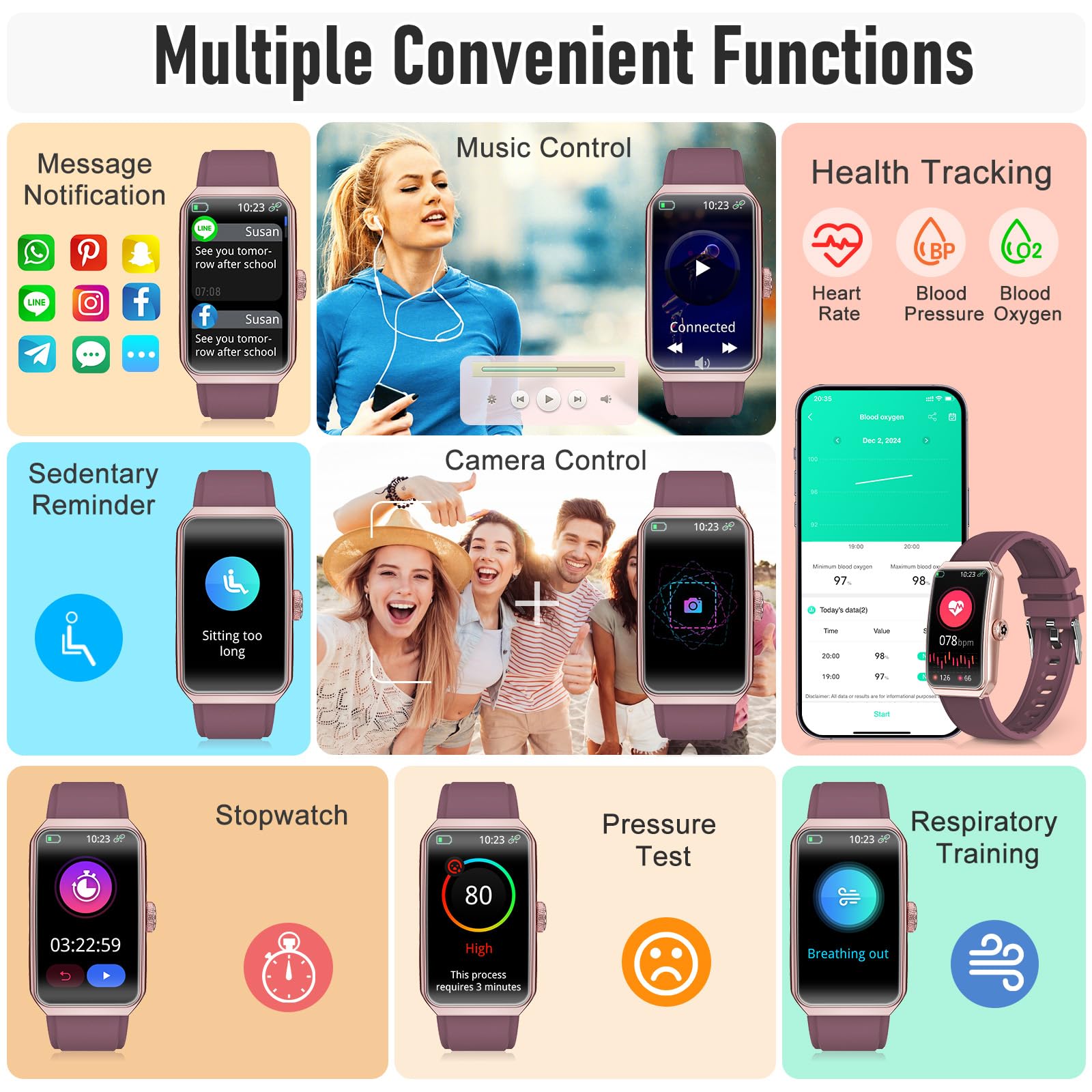 Fitness Tracker with 24/7 Heart Rate, Blood Pressure Blood Oxygen Sleep Monitor,103 Sports Modes Smart Watch IP68 Waterproof Activity Trackers, Step Counter Calories Pedometer for Women Men (Bordeaux) — view 2
