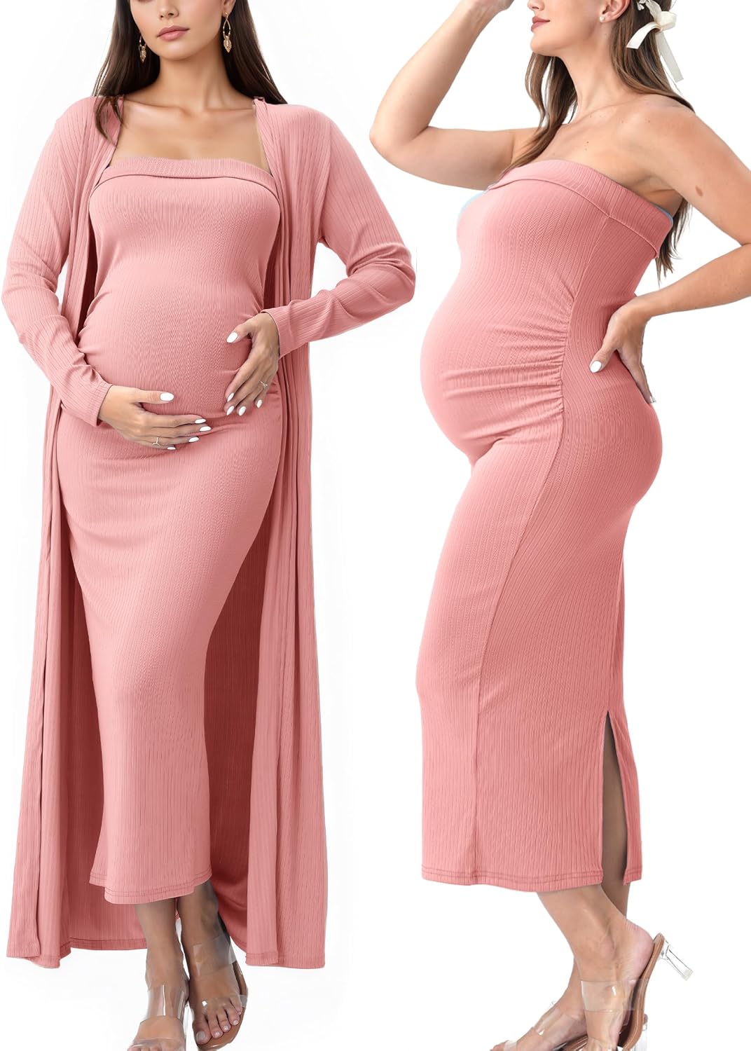 Rnxrbb Tube 2 PCS Baby Shower Maternity Dress Cardigan Set Bodycon Gender Reveal Pregnancy Dresses Summer Long for Women