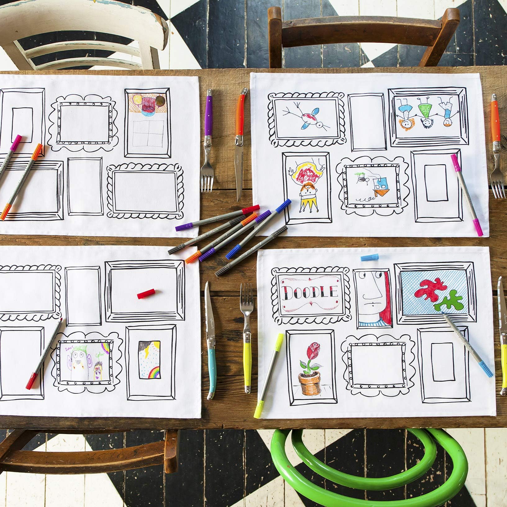 eatsleepdoodle Doodle Picture Frame print Placemats - design and Colour Your Own Placemats - Colouring Placemats to personalise with Washable felt tip Fabric pens (Set of 4 Place mats)