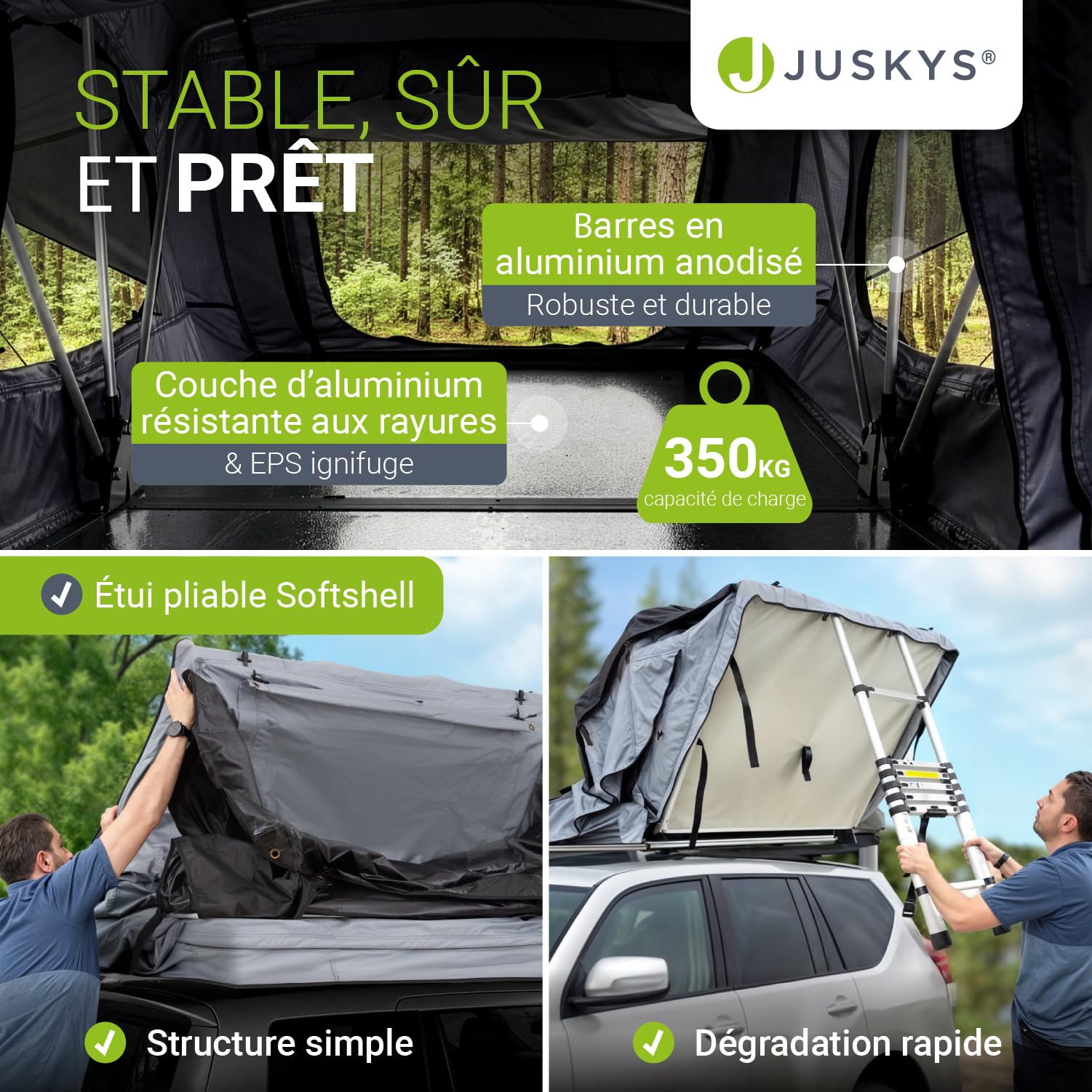 Juskys Tente de toit Lago pour voiture, construction robuste, imperméable et protection UV, tente de toit de voiture, camping, éclairage LED
