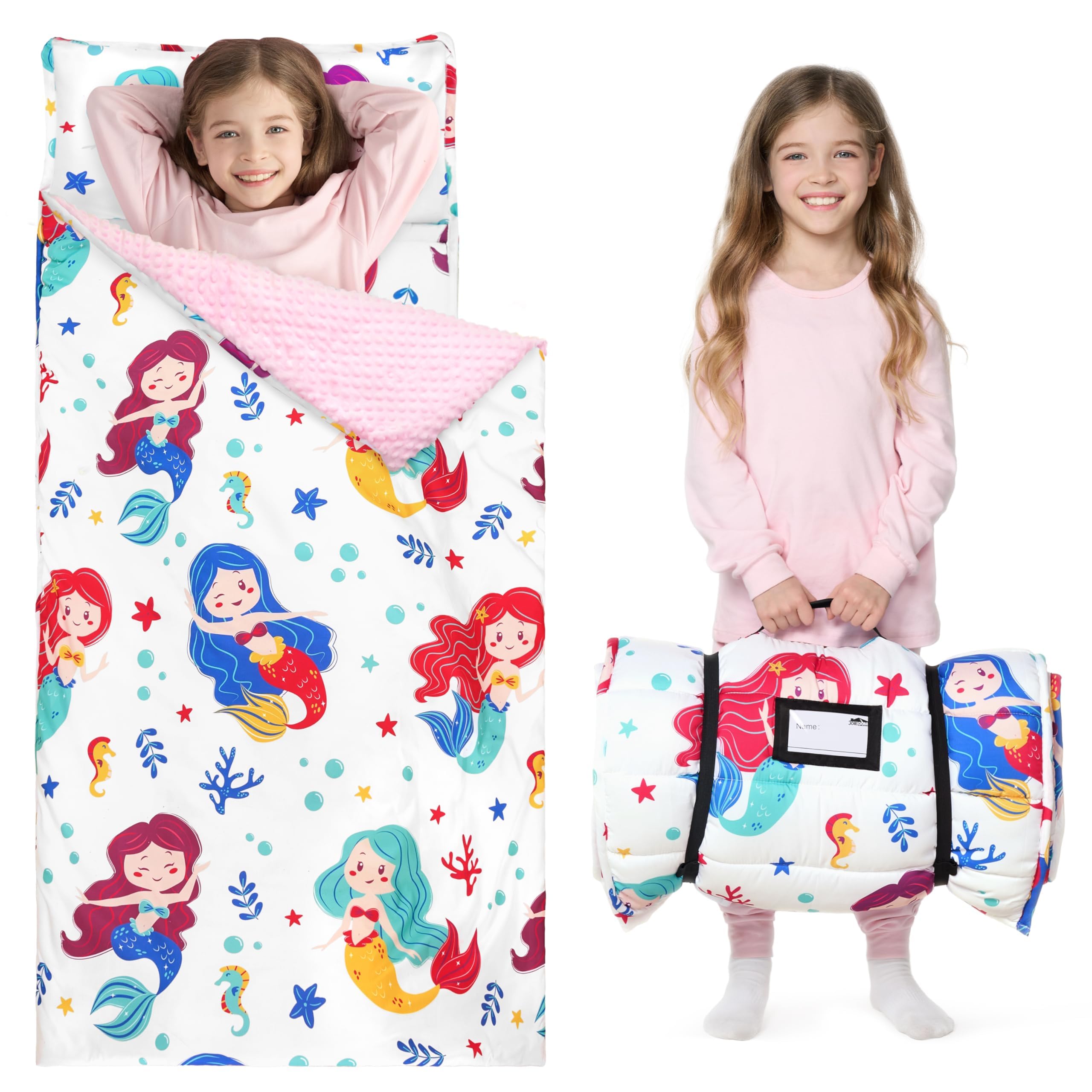 JOIEDOMI Toddler Nap Mat with Removable Pillow and Minky Blanket 55''x30'' Kids Sleeping Bag for Boys and Girls Ages 3-6 Roll Up Soft Nap Mats for Preschool Kindergarten Daycare Sleepover