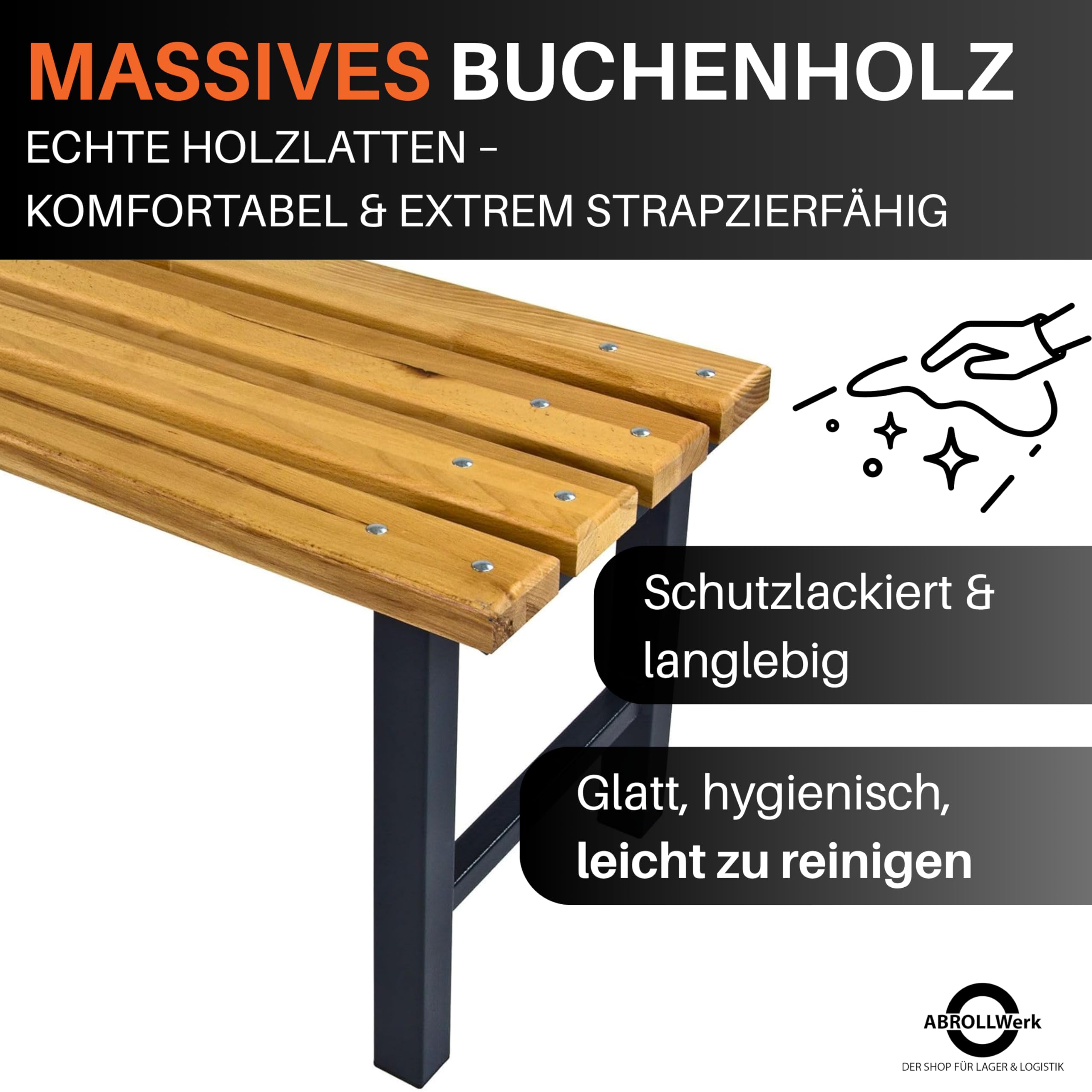 Umkleidebank 100x40x42 cm – Sitzbank ohne Schuhrost – Massives Buchenholz & Stahlgestell – Robuste Garderobenbank für Sport, Fitness, Schule & Betrieb – Turnbank Sozialraumbank