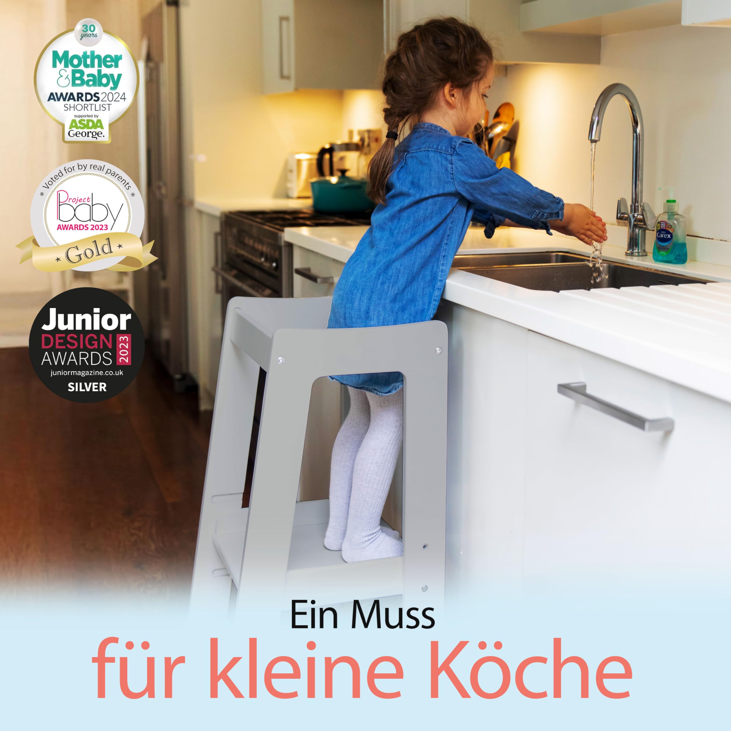 Stepup Baby Montessori Lernturm Tritthocker | Hochstuhl | Höhenverstellbar | Küchenhelfer | Sicherheitsgeländer | Für Kinder von 18 Monaten bis 5 Jahren - Grau