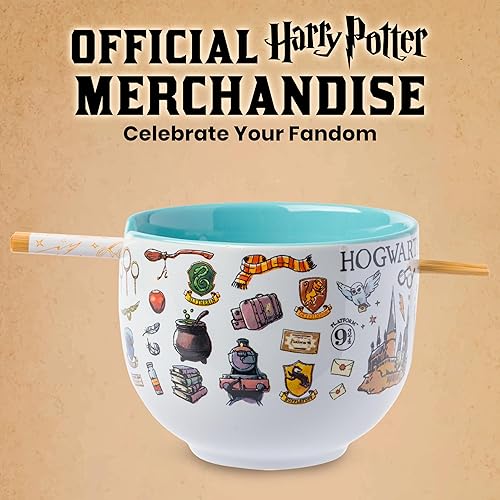 Miniatura 141 de Silver Buffalo - Cuenco con palillos para arroz, fideos o ramen, de cerámica, modelo Hogwarts Railways con escudo, de Harry Potter, apto