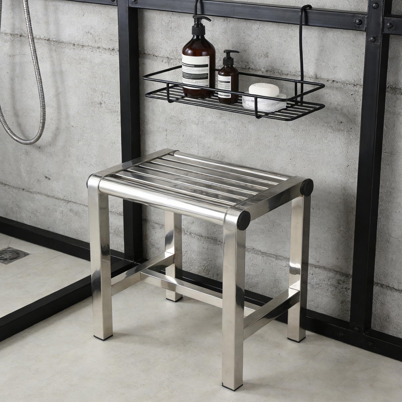 IMIKEYA Sgabello da bagno in acciaio inox e antiscivolo, panca compatta per doccia e cucina, sedile resistente 31 x 20 x 30 cm, adatto per casa, hotel e camera da letto