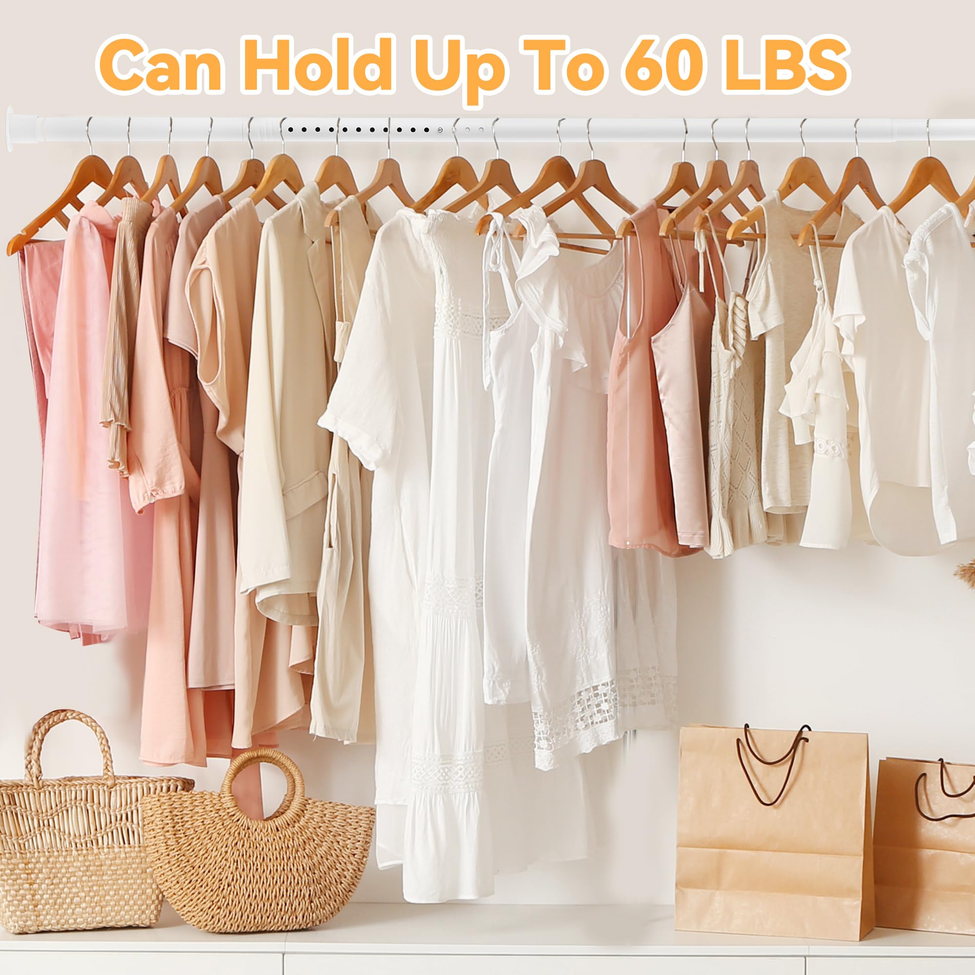 Closet Rods for Hanging Clothes, 1.3 Inch Diameter Heavy Duty Closet Rod 17-75 Inches Adjustable Clothes Hanging Rod White Closet Poles for Wardrobes, Bathroom, Windows