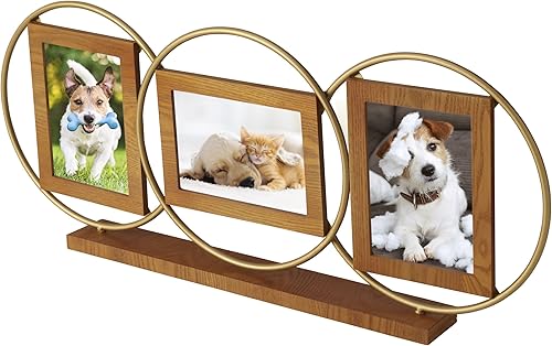 Miniatura 5 de Melannco Collage de fotos de madera y metal de tres aperturas, hecho de metal y madera, acabado dorado y natural, muestra una foto de 7 x 5 pulgadas