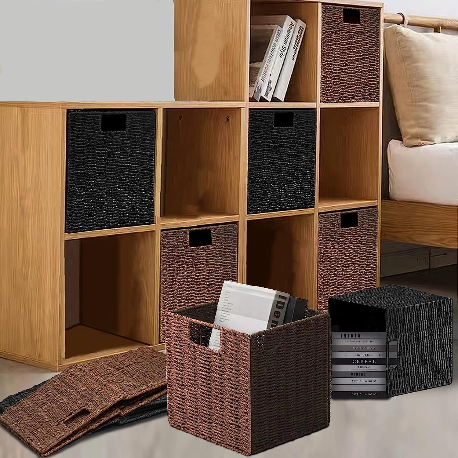 2 Cestas de Almacenaje, Cesta Mimbre Tejidas a Mano Cubo 28CM, Cesta Grande Plegable de Papel de Jacinto de Agua con Asas, Cesto Decorativo para Baño Estanterías Kallax Cocina