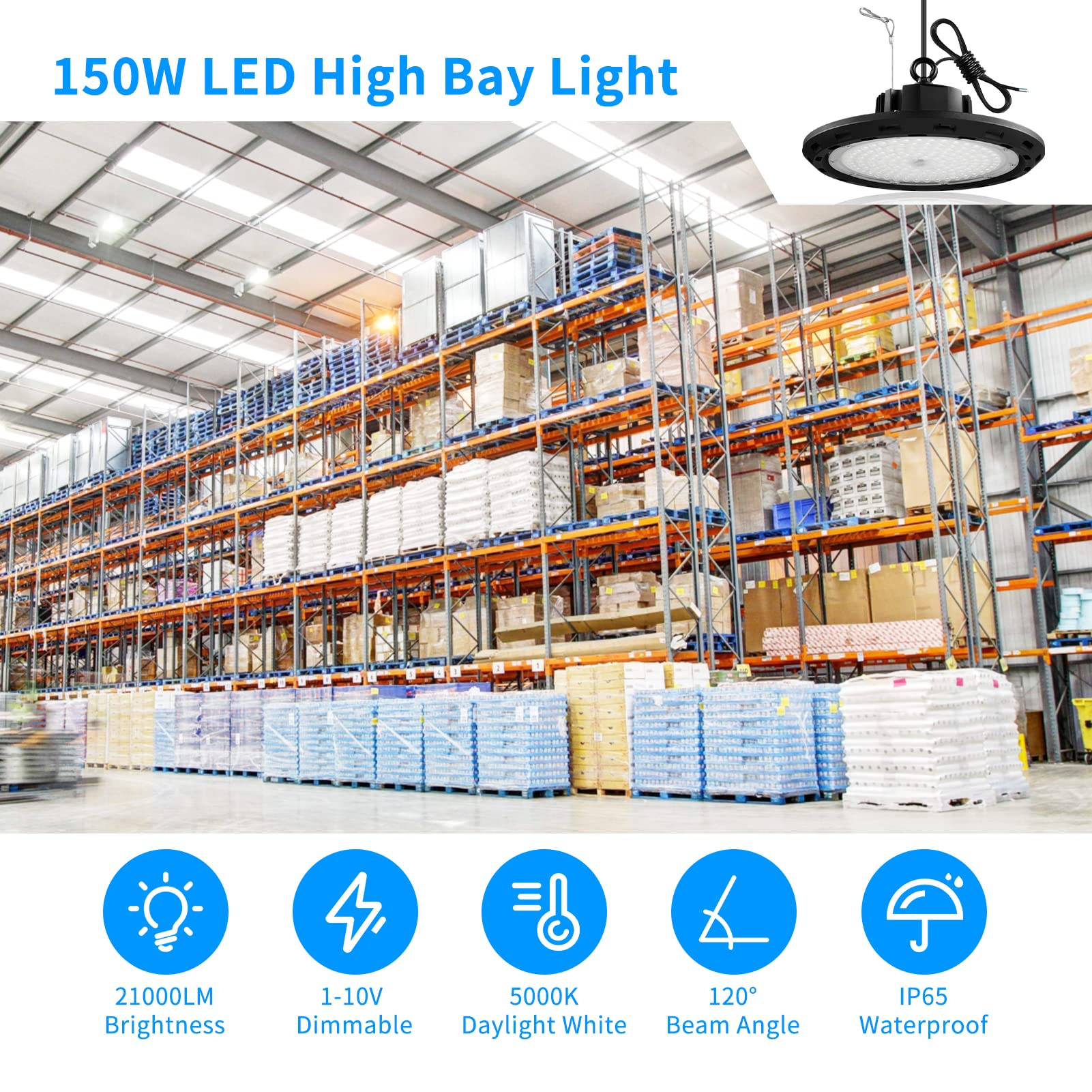 Viugreum LED High Bay Light 150W 10 Pack 1-10V Dimmable 5000K UFO High Bay Lights Equivalent to 600W — view 9
