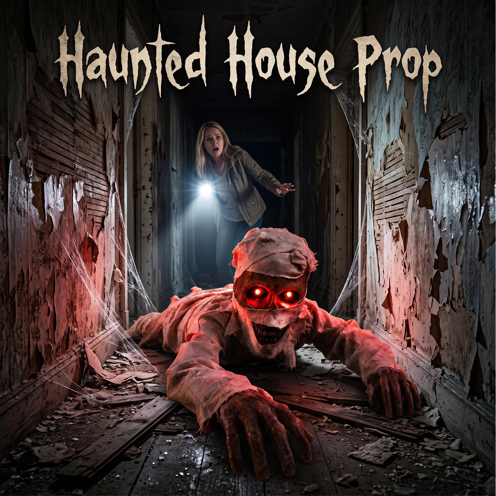 Décoration d'Halloween momie rampante activée par le son, Squelette aux Yeux Rouges et Effets Sonores Effrayants, Zombie brise-terre pour Halloween, Accessoire Horreur pour Intérieur et Extérieur