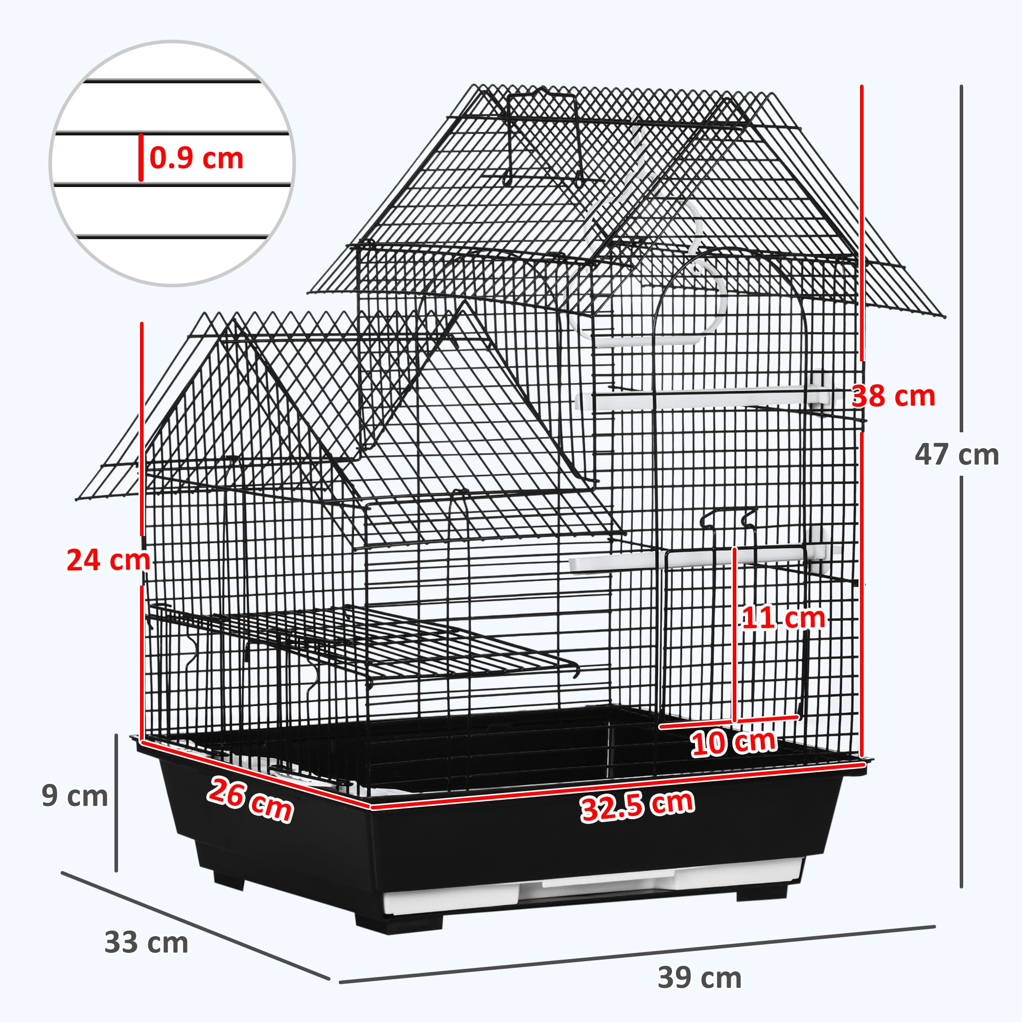 PawHut Jaula para Pájaros 39x33x47 cm Pajarera Metálica con 3 Puertas 2 Comederos 2 Perchas Columpio Bandeja Extraíble y Asa de Transporte para Canarios Negro