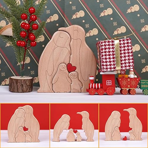 Miniatura 4 de Rompecabezas familiar de pingüinos de madera personalizado, rompecabezas de arte de madera con nombre personalizado con 1-5 apellidos, decoración