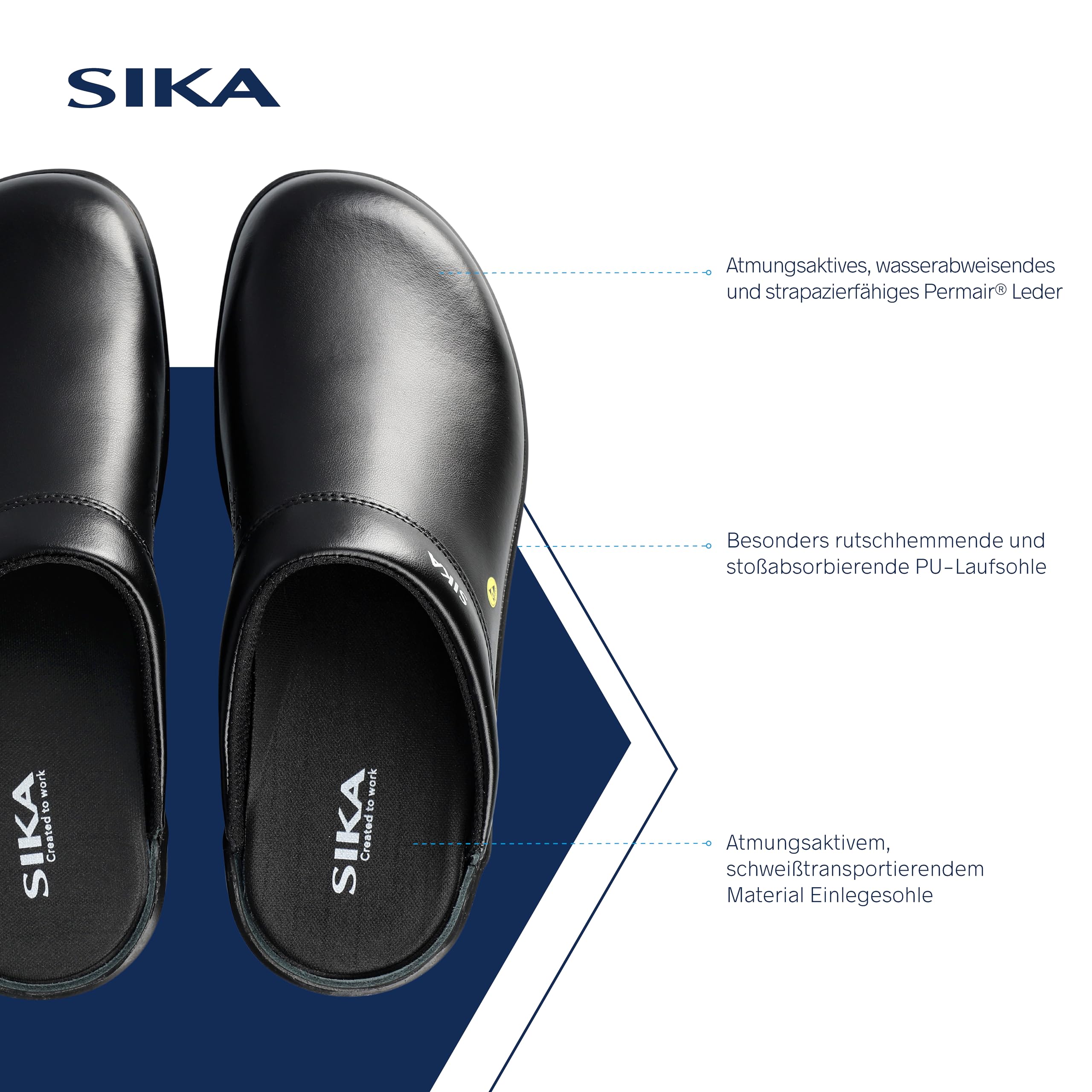 SIKA Unisex-Clogs für medizinische Berufe, rutschfeste Arbeitsschuhe, Permair-Leder, stoßdämpfende Sohle, ESD-geprüft, waschbare Innensohle, professionelle Clogs für Service- und Reinigungsmitarbeiter