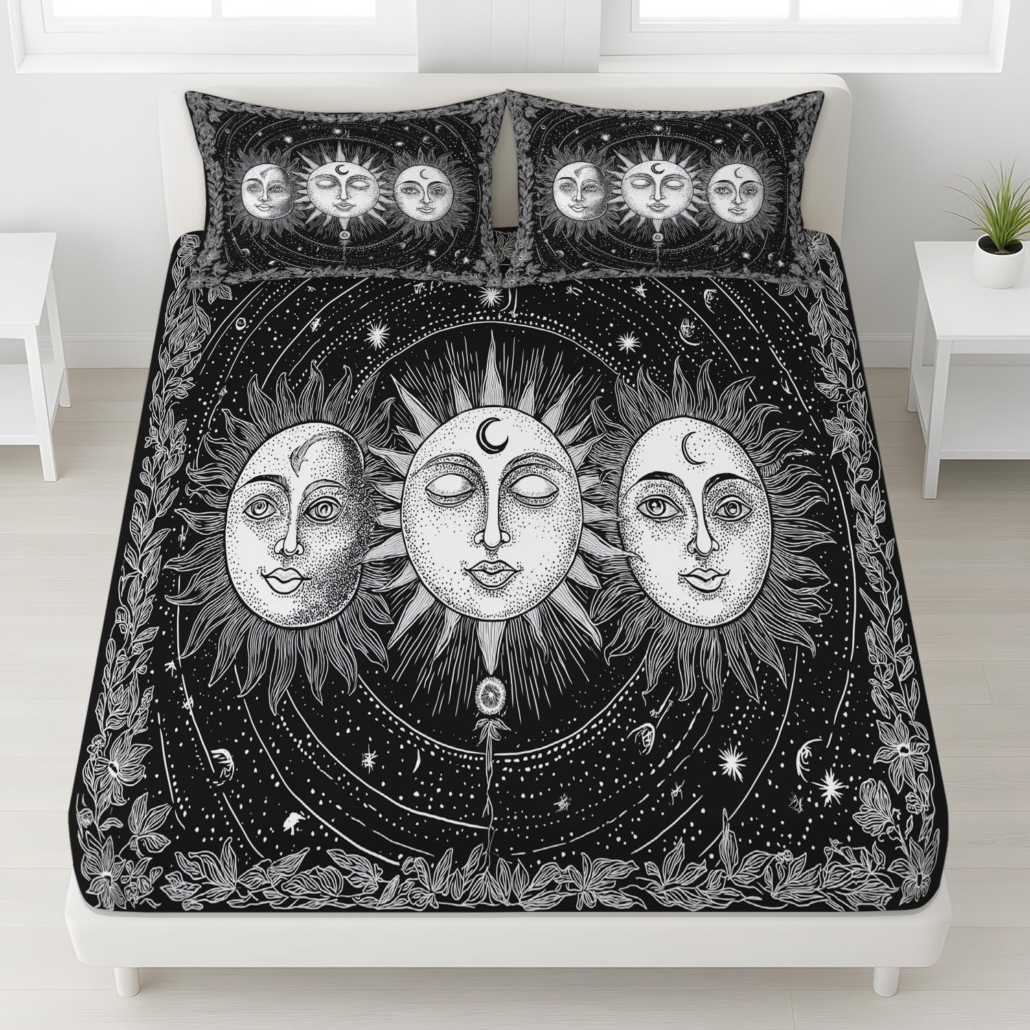King Fitted Sheets - Bed Sheets Breathable and Luxury Microfibre Bedding Sets 160 x 200 cm, Celestial Faces, Sun & Moon, Mystic Classical, Retro Totem, Artistic Bedroom