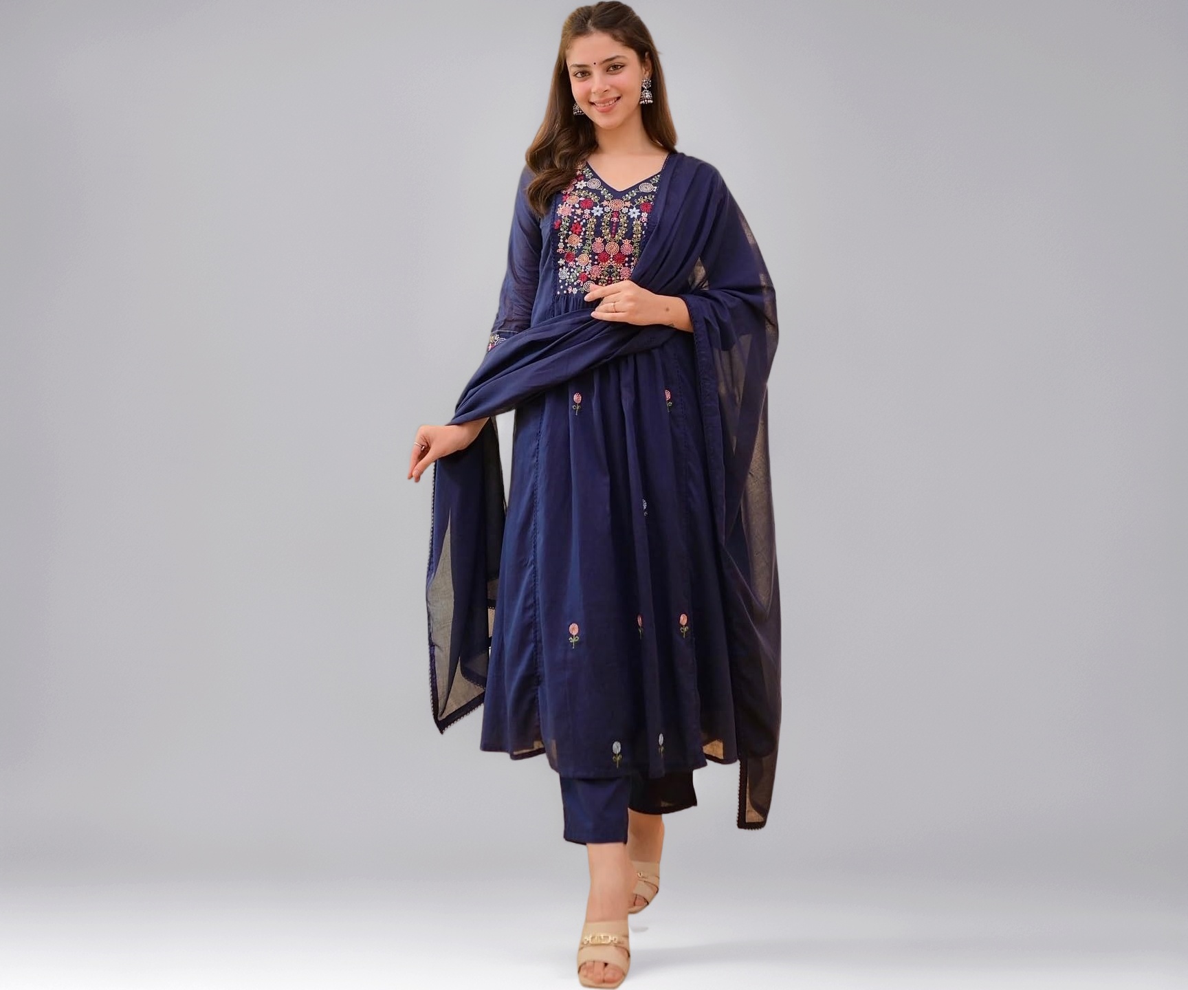KLOSIA Women Embroidery Solid Anarkali Kurta and Pant Set with Dupatta