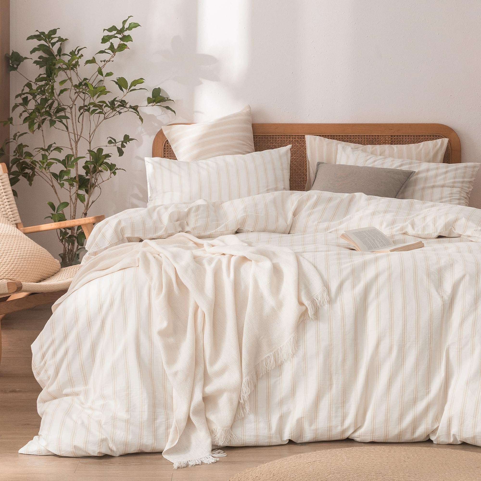 BESTOUCH Striped Cotton Duvet Cover Set Linen Feel Full
