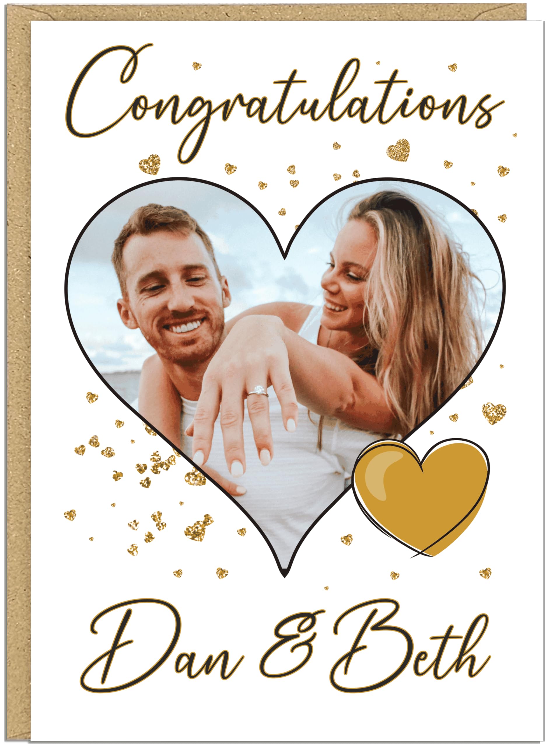 Couples Personalised Engagement Photo Cards - Colour Choice and Own Text Custom Heart Photo Upload Congratulations Card - For Him For Her Celebration Keepsake Engaged Gift, Gold