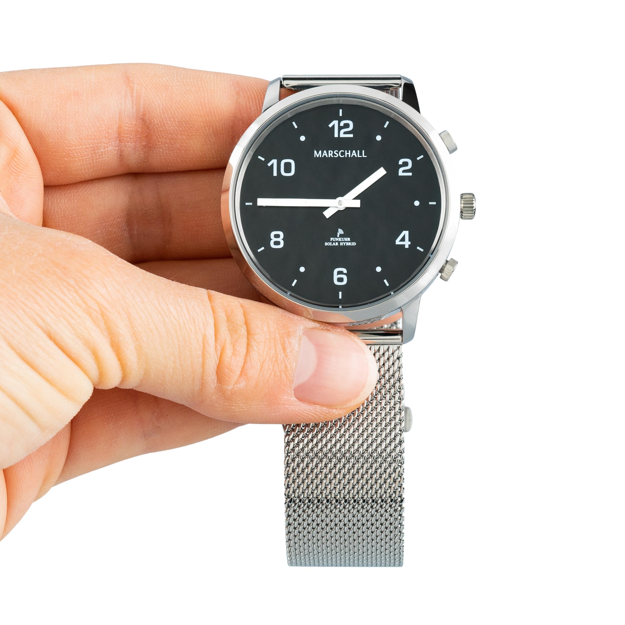 Marschall Deutsch sprechende Unisex Funk-Armbanduhr I Mit Solarpanel I 1150S I Für Blinde, Senioren und Demenzkranke I Datum- und Zeitansage I Schwarzes Zifferblatt und Milanaise Armband