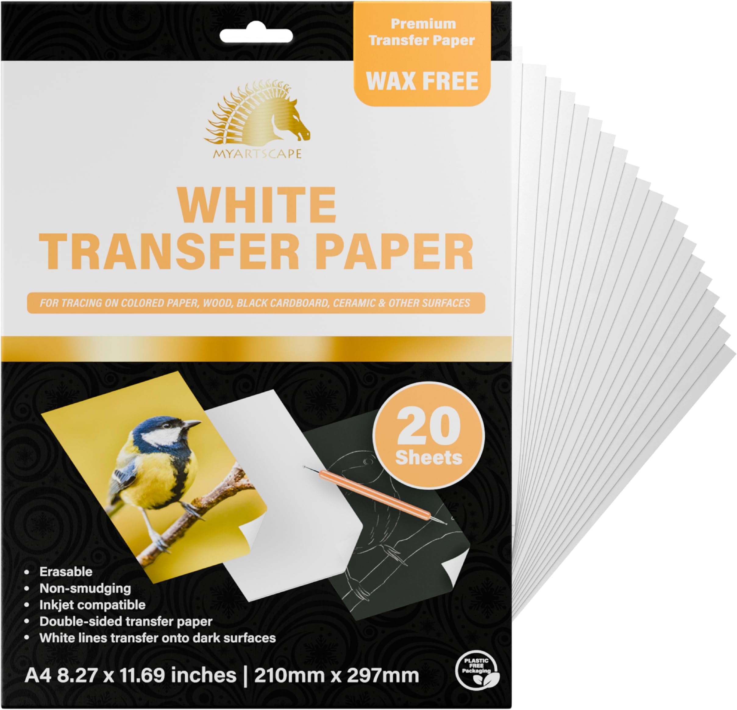 MyArtscape Graphite Transfer Paper, 20 White Sheets - Wax Free - Erasable - Smudge-Free - Ideal for Drawing and Tracing - Premium Arts and Crafts Supplies