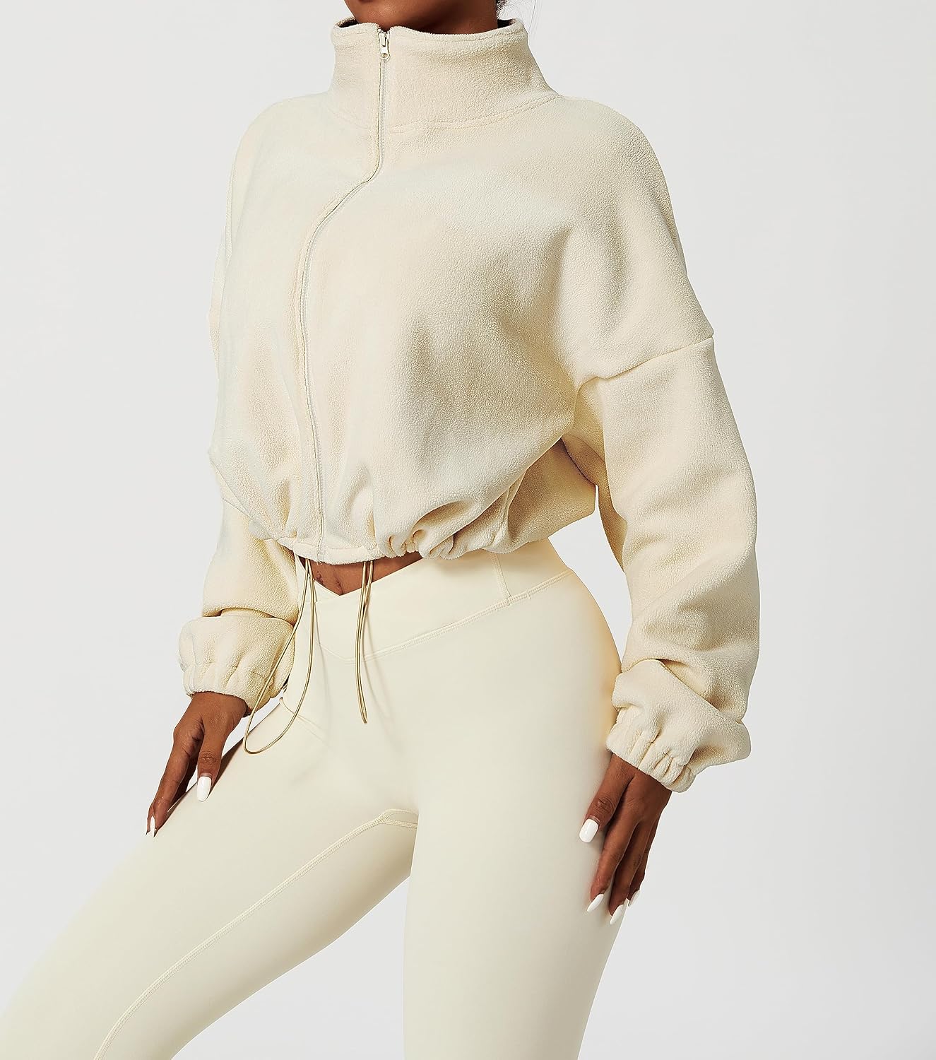 Halemet Polar Fleece Jackets for Women Full Zip Oversized Sherpa Crop Coat Lightweight Stand Collar Drawstring Sweatshirts - Image 3