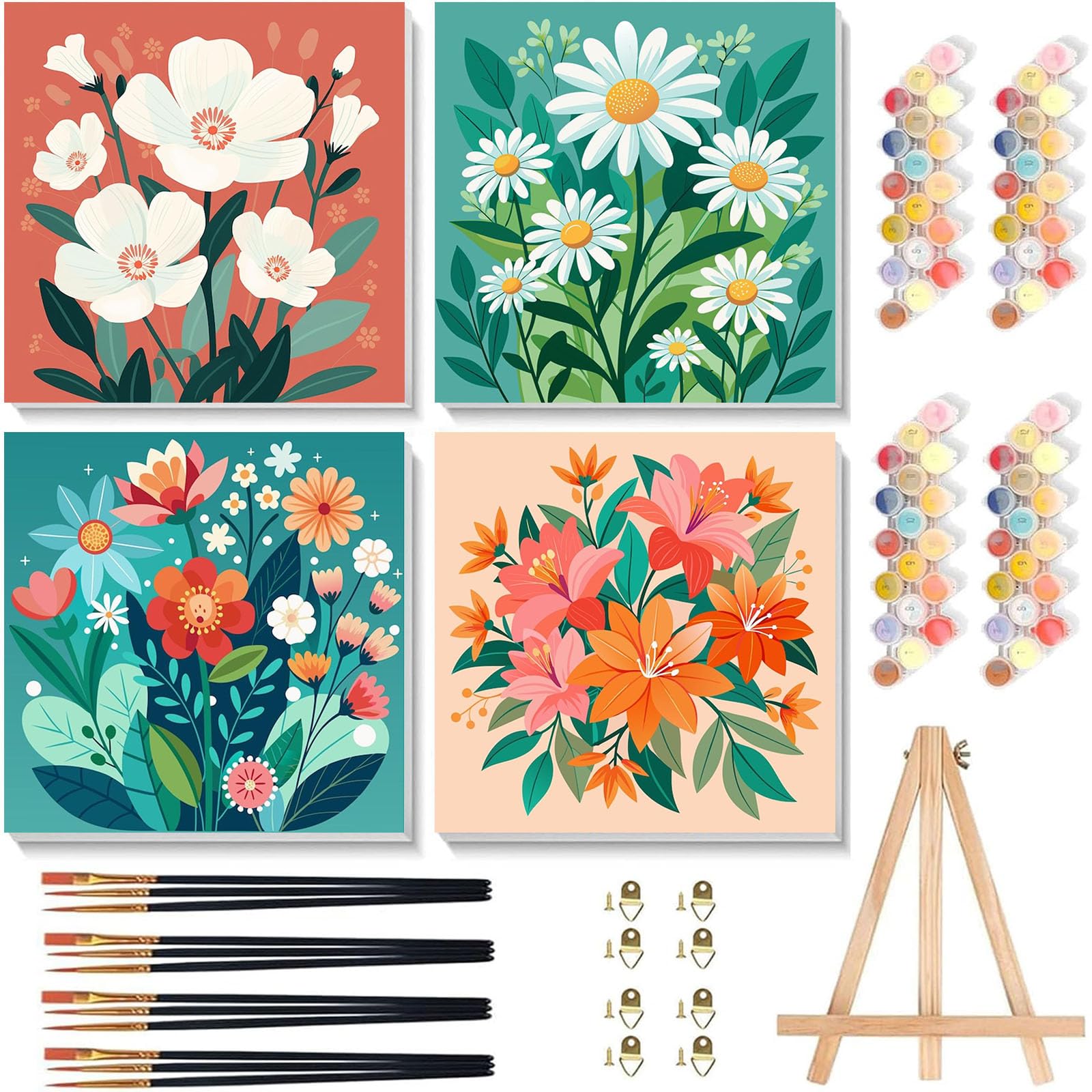 4 Pack Paint by Numbers for Children with Frame and Wooden Easel 8x8 Inch