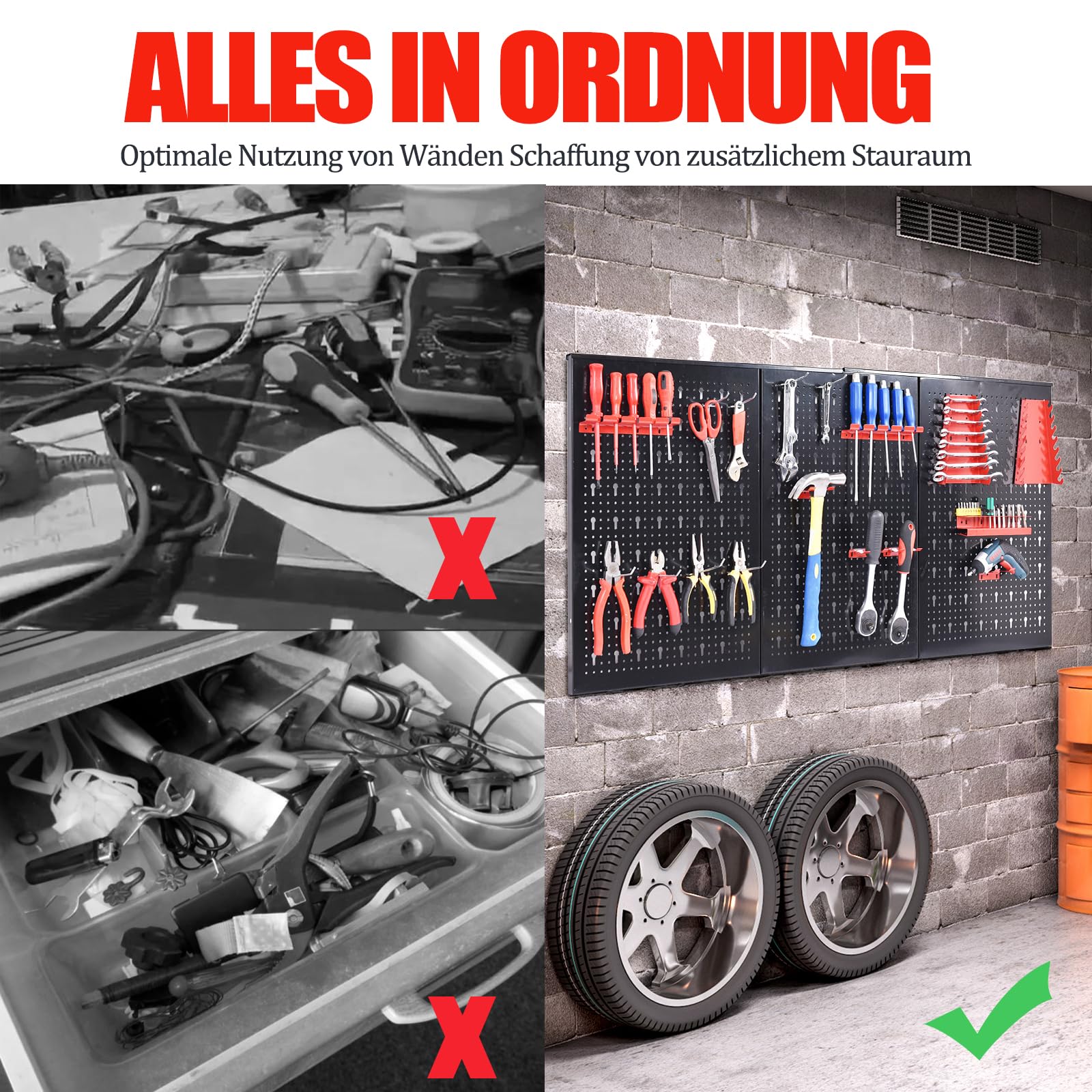 SOARS Werkzeugwand Metall, dreiteilige Lochwand mit 17-teiligem Hakenset