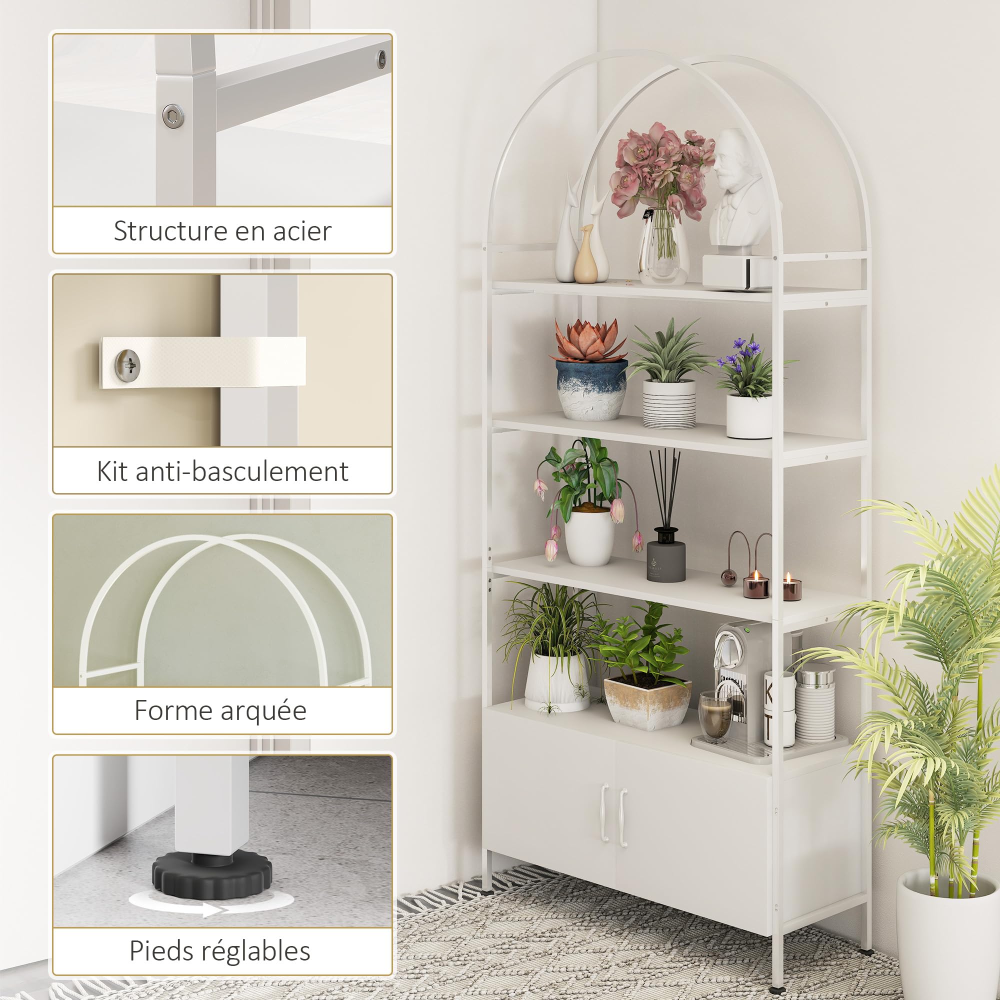 HOMCOM Aufbewahrungsregal, geschwungene Bibliothek auf 4 Ebenen mit zweitürigem Schrank, verstellbare Kufen, Stahlstruktur, für Büro, Wohnzimmer, Schlafzimmer, 80 x 30 x 187 cm, weiß | 4 Ebenen, Schrank mit Doppeltür, verstellbare Kufen, Struktur aus Stah