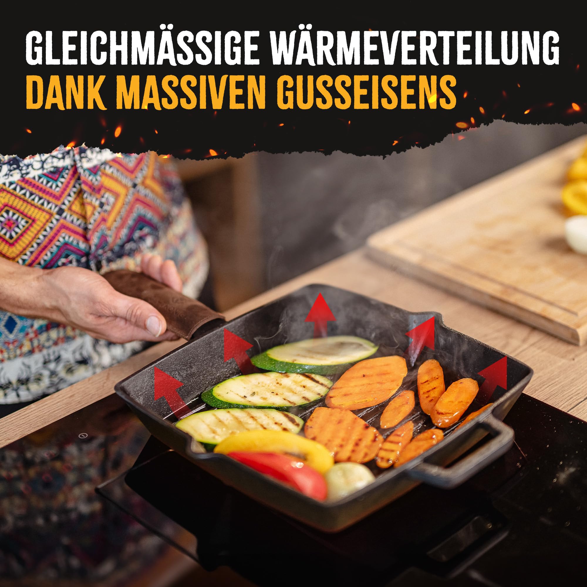 Grillpfanne Gusseisen emailliert [26 cm] Kein Einbrennen nötig | Eckige Steakpfanne mit Rillen zum Grillen - für alle Herdarten, Ofen, Induktion | Grill-Pfanne mit Reinigungsbürste