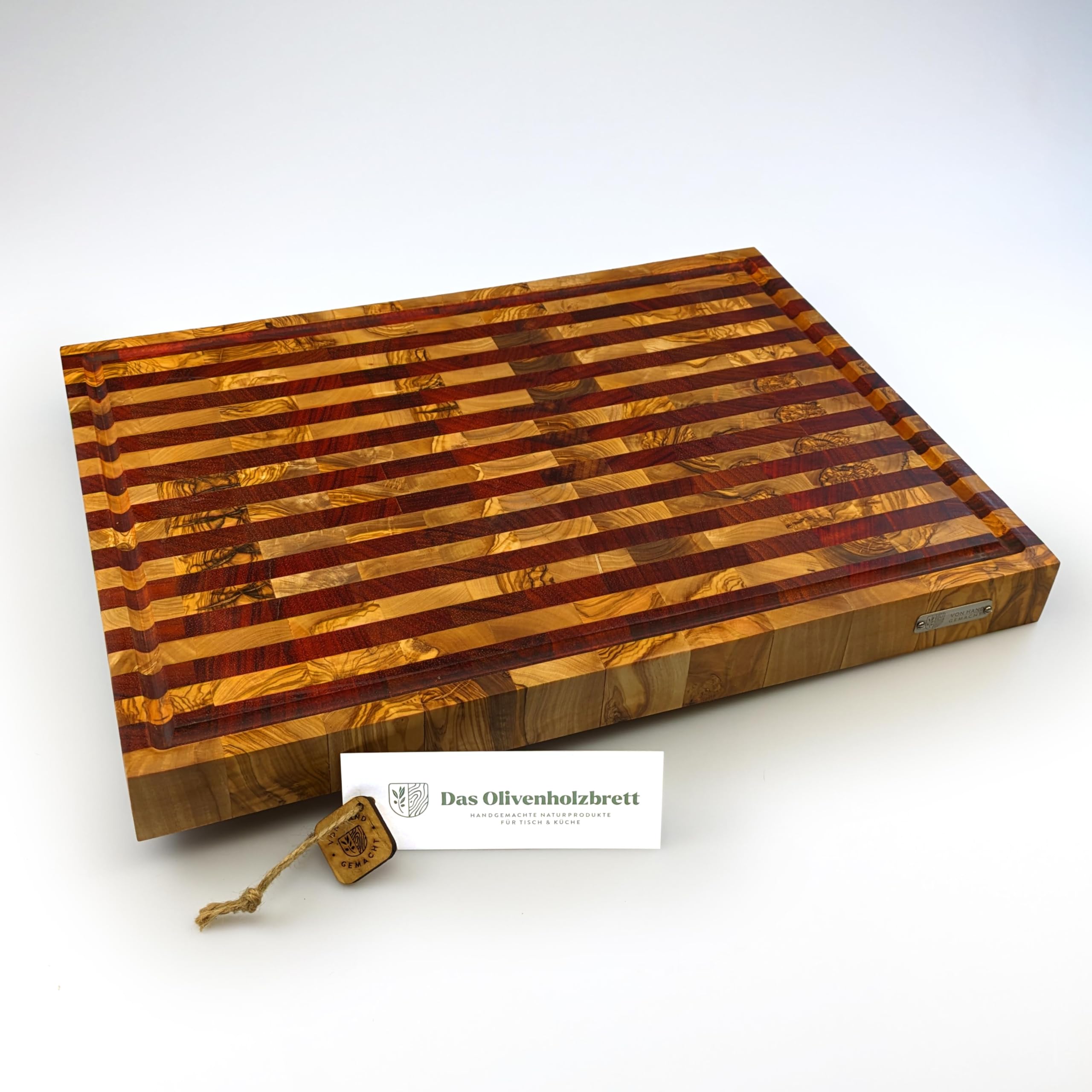 DAS OLIVENHOLZBRETT®Mosaik/Streifen Schneidebrett mit Saftrille 40x30x4,5cm | Luxus Hirnholzbrett aus Olivenholz - Stirnholz/Massiv/Rechteckig/Saftrinne/ Saftrille/hochwertiges Küchenbrett!