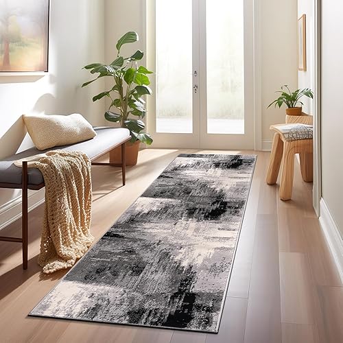 Miniatura 7 de Rugshop Basel - Alfombra de pasillo suave, resistente a las manchas, diseño abstracto, contemporáneo, 2 x 7 pies, color negro