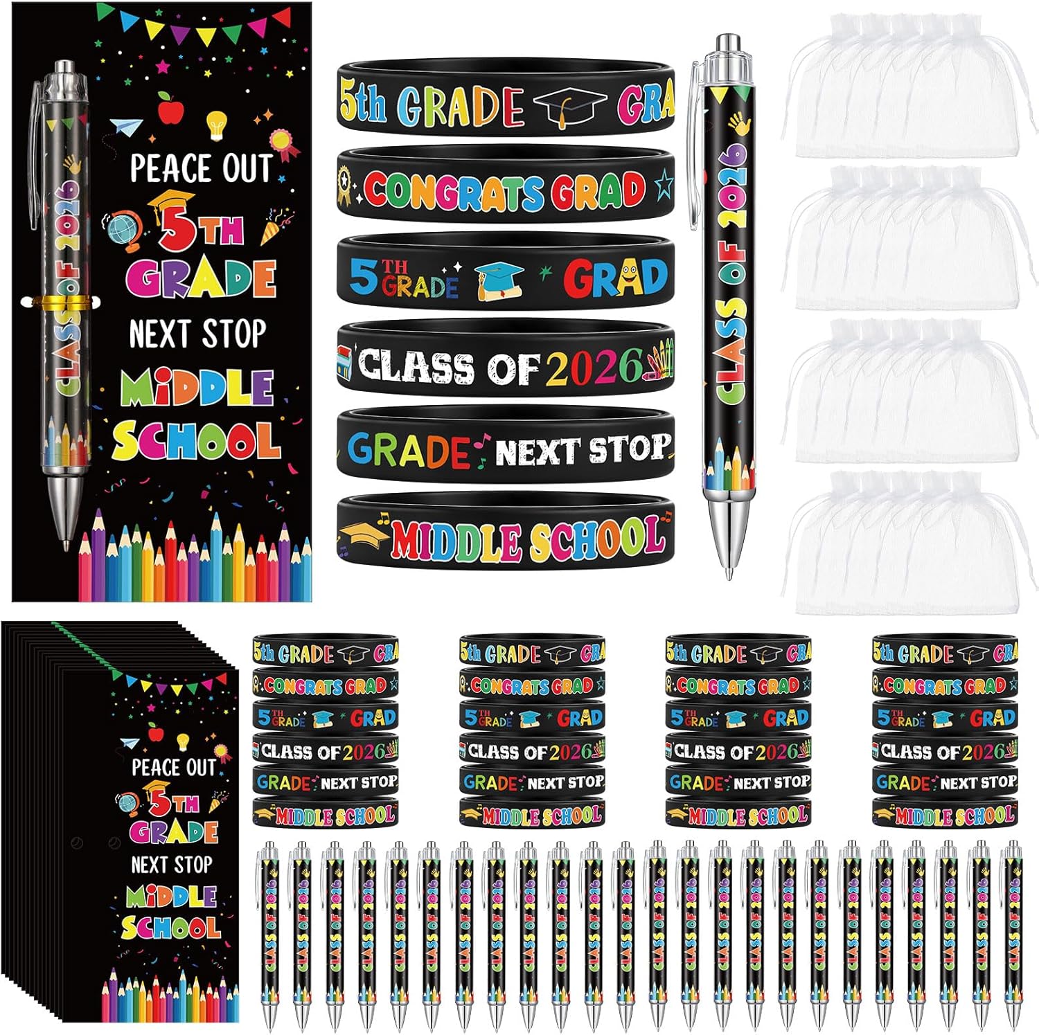 Cinnvoice 24 Sets 5th Grade Graduation Gifts 2026 Ballpoint Pens Silicone Wristbands Greeting Cards Organza Bags Next Stop Middle School 5th Grade Graduation Gifts Class Party Favors for Students