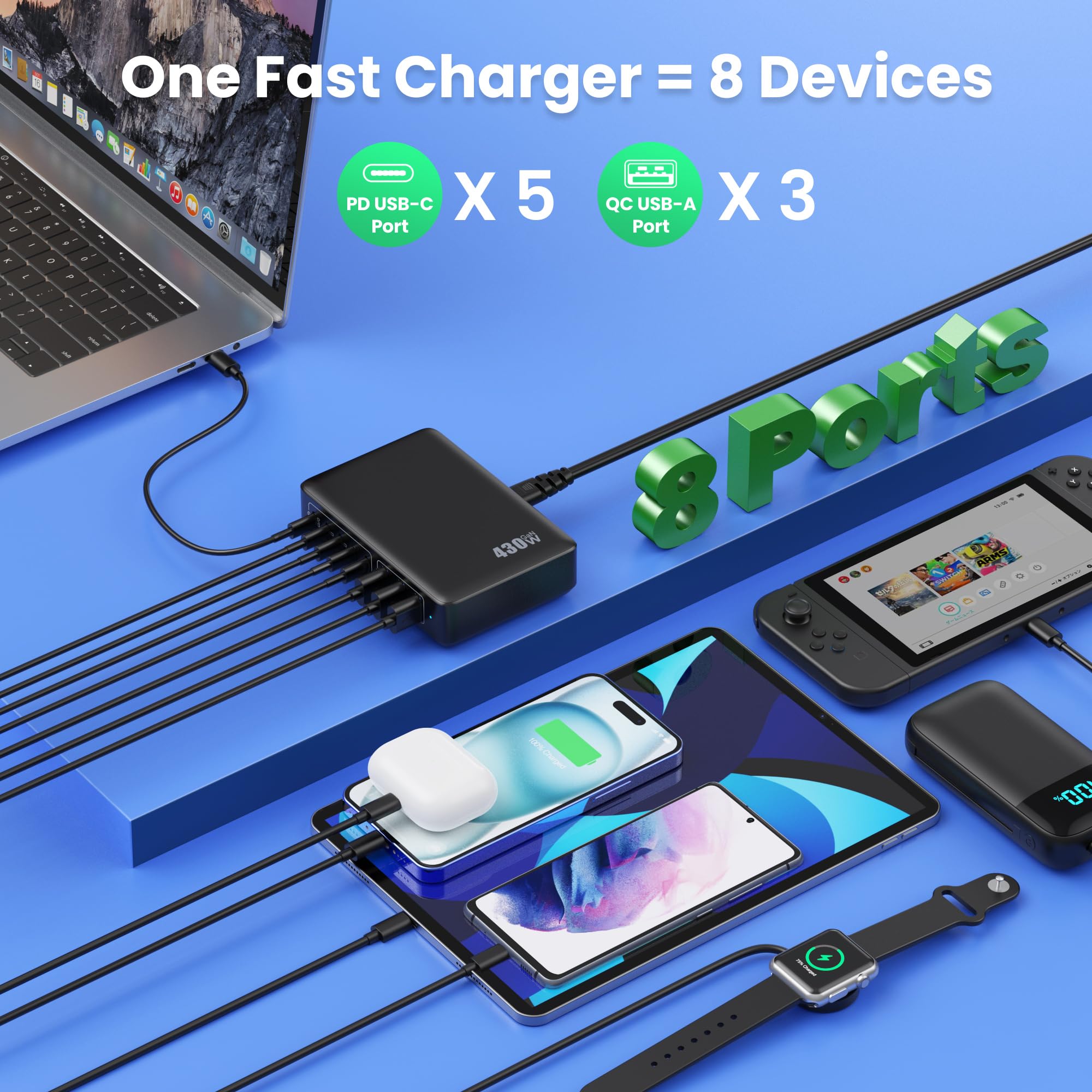 430W Caricatore USB Multiplo,8 Port GaN Ⅳ 100W PD Caricabatterie Multipla PPS QC Alimentatore USB C Stazione di Ricarica Multipresa per MacBook Air/Pro Laptop iPhone iPad Samsung SteamDeck-Nero