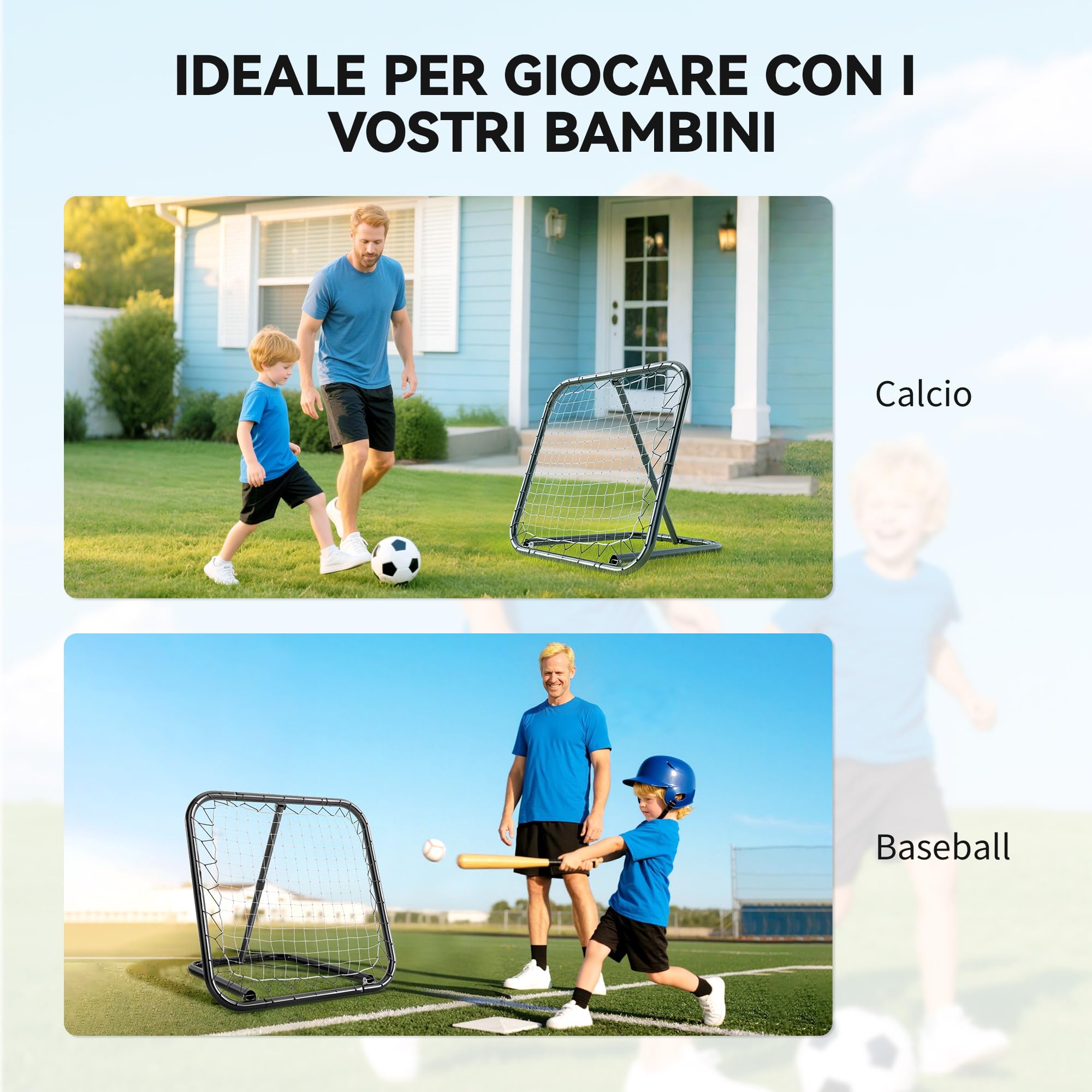 HOMCOM Rete di Rimbalzo per Calcio, Rete da Calcio Rimbalzante e Pieghevole con Angolazione Regolabile in Metallo, per Allenamento Baseball e Pallavolo, 78x84x65-78 cm, Nero
