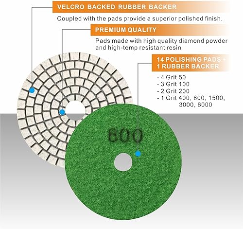 Miniatura 3 de SPTA Juego de 15 almohadillas de pulido húmedo de diamante, 4 pulgadas, blanco, 50 # -6000 #, para granito, hormigón, mármol, piedra, azulejos, con