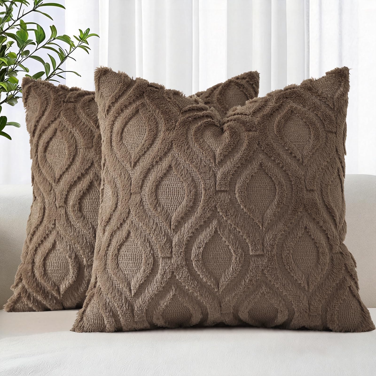 decorUhome Faux Fur Plush Soft Brown Throw Pillow Covers 16x16 Set of 2