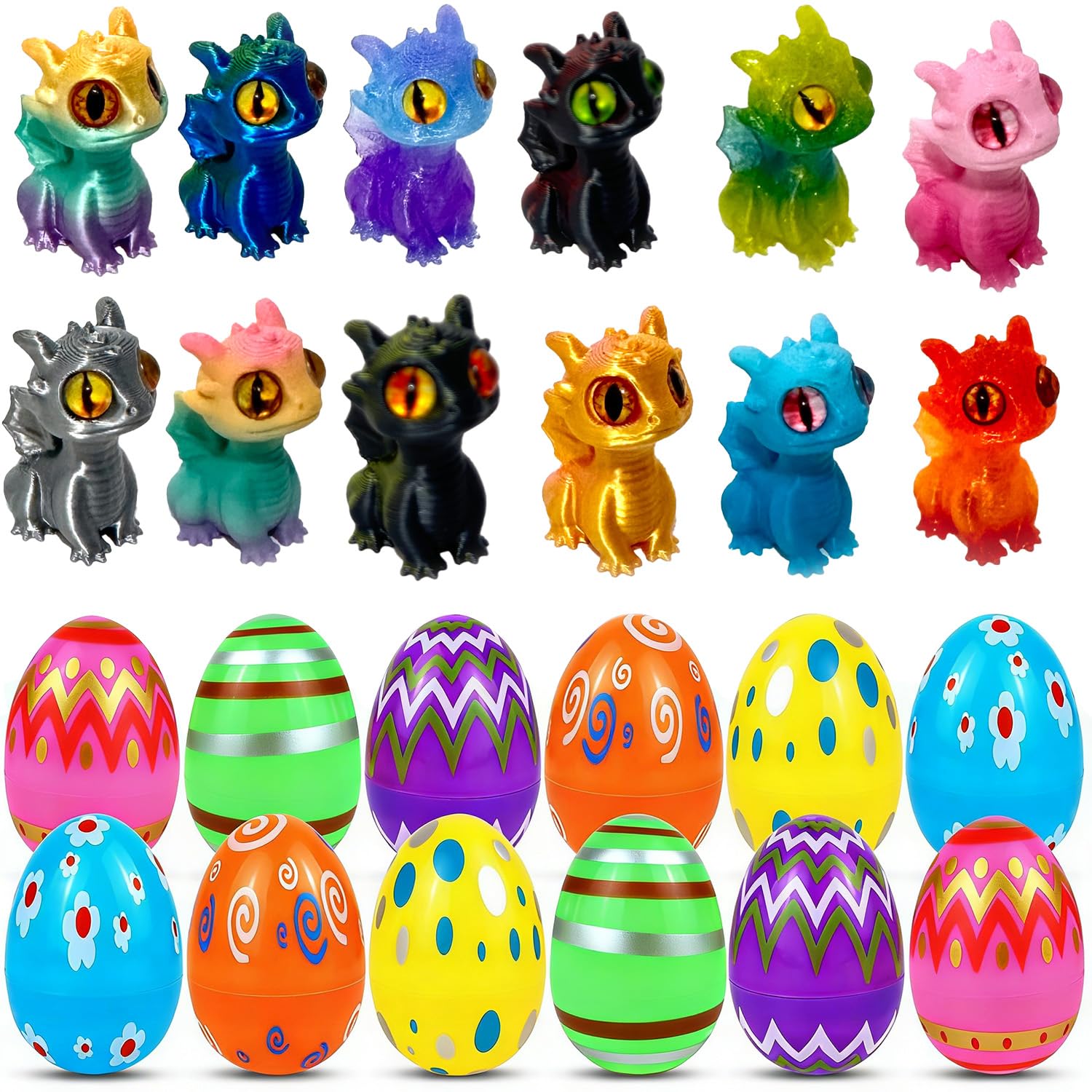 Œufs de Pâques avec Dragons 3D – Lot de 12 Œufs Réutilisables Préremplis, Figurines Dragon Colorées pour Enfants, Chasse aux Œufs & Cadeaux de Fête