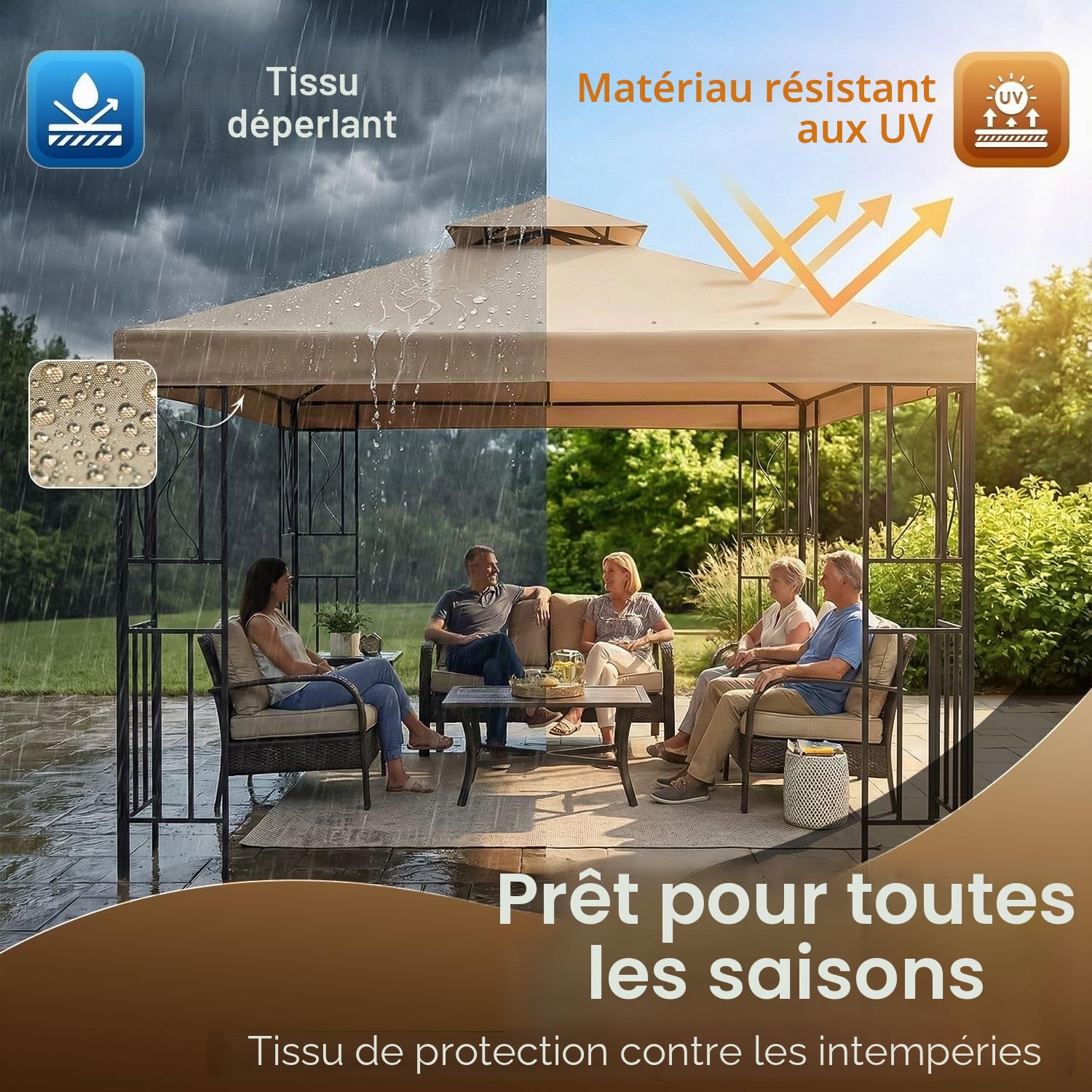Flexzion Auvent de tonnelle de Rechange imperméable de 3,6 x 3,6 m - Double Niveau UV30 pour auvent, Jardin, terrasse, Tente de Cour (Beige)