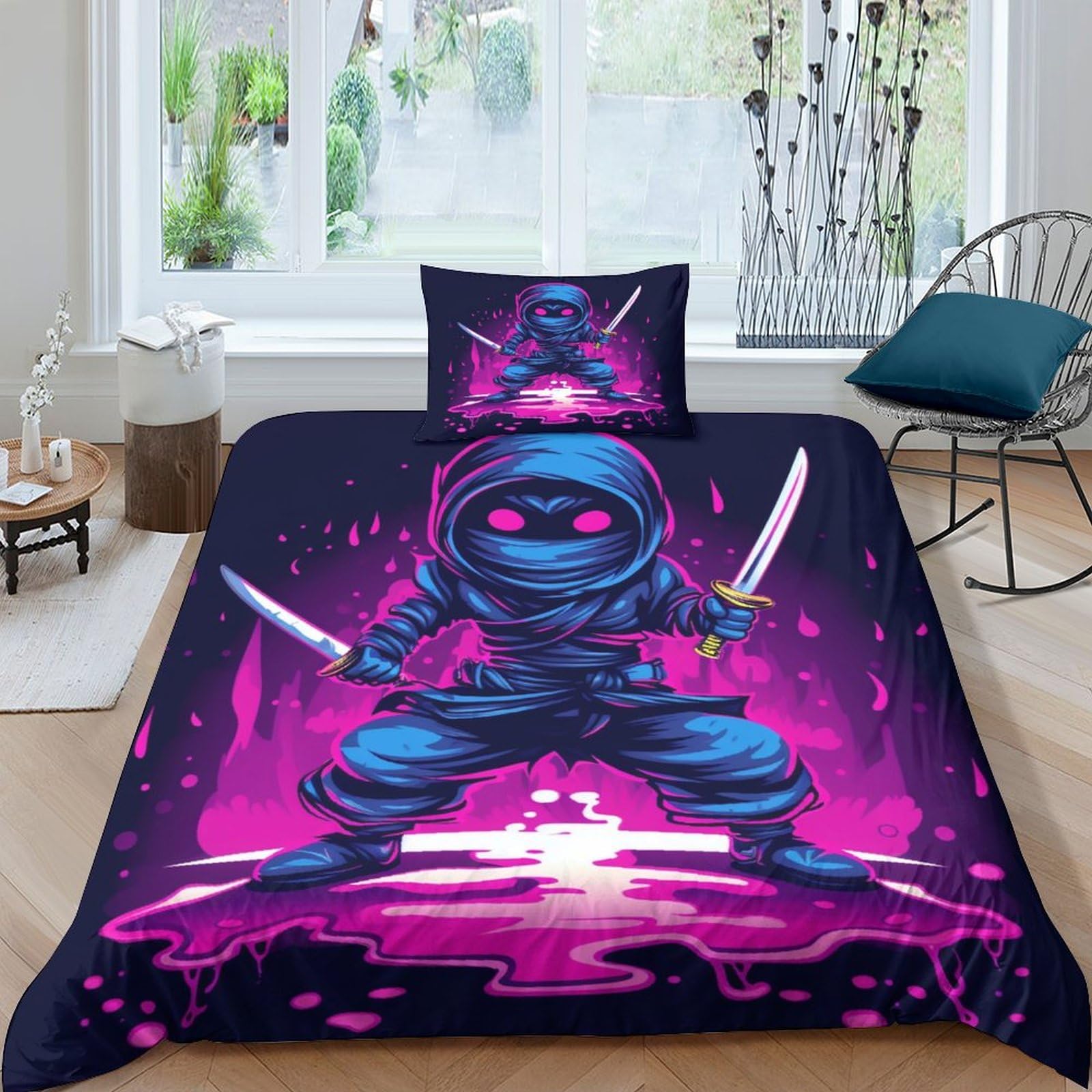 BARDYS Double Sword Ninja Comforter Covers Duvet Cover Quilt Cover 3D Printed Anime for Boys Girls with Pillow Cases Soft Microfiber with Zipper Closure Bedding Set 3 Pieces Single（135x200cm）