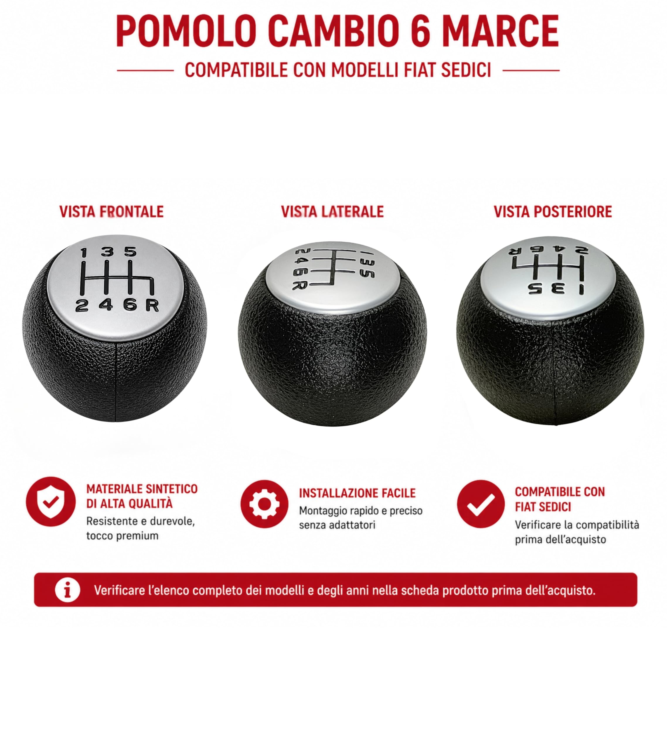 1neiSmartech Pomello Leva Cambio 6 Marce Compatibile con Fiat Sedici (189 FY) 2006-2014 Filettato in Metallo, Retromarcia Basso Destra, Nero con Lente Opaca Grigio Argento