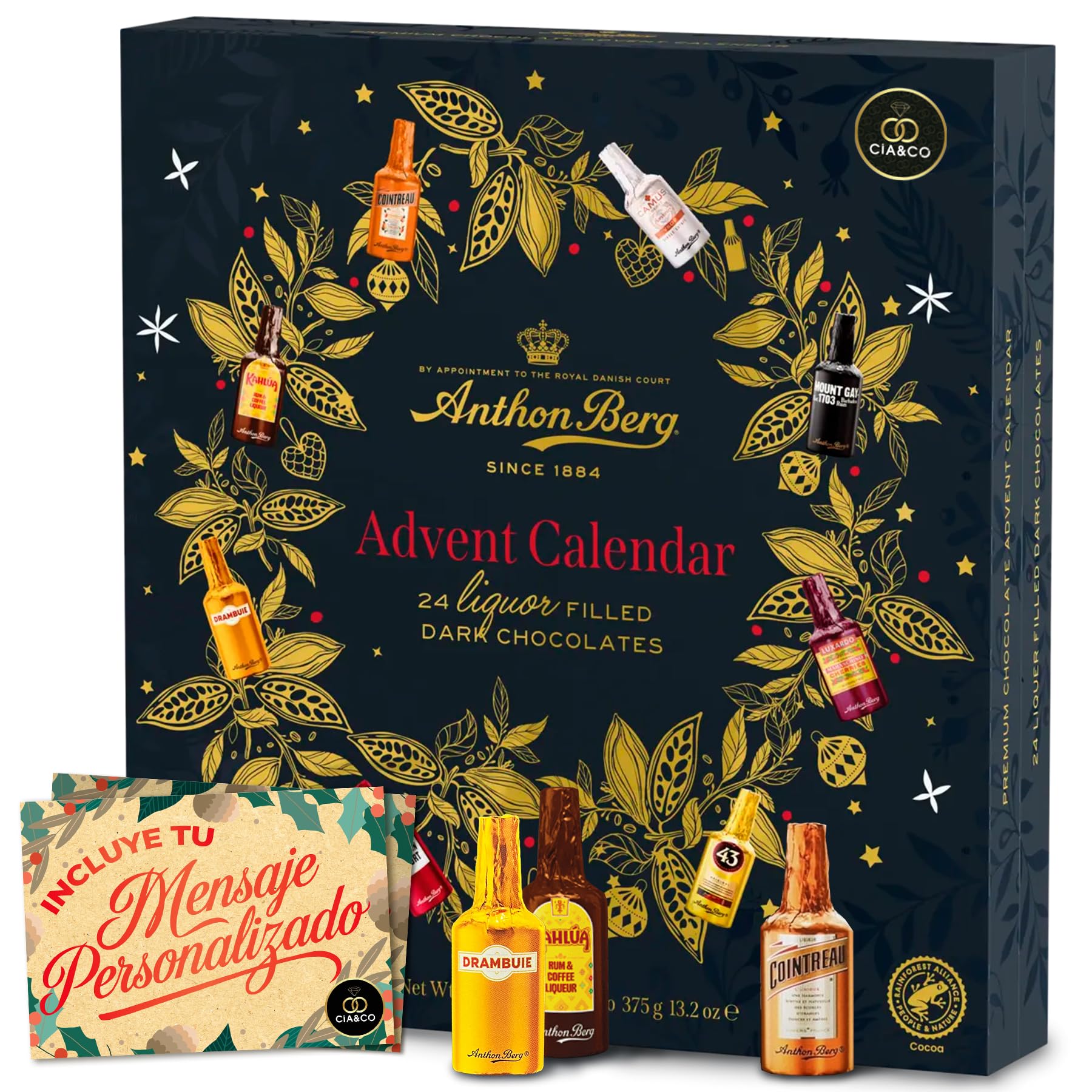Calendario de Adviento Anthon Berg 2025 · Formato Libro · 24 Mini Botellitas de Chocolate Negro Rellenas de Sabores Exclusivos · Incluye Tarjeta Personalizada Cia&Co · Regalo Gourmet de Navidad 375 gr