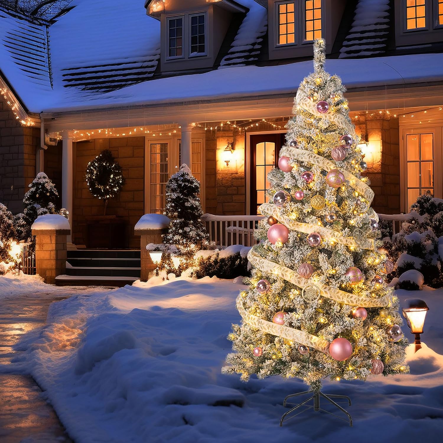 7FT Prelit Snow Flocked Artificiall Christmas Tree, Fire-Resistant Premium Hinged Xmas Tree with 1200 PVC Branch Tips and 8 Lit Modes Metal Stand for Home, Office, Party Decoration (Green)