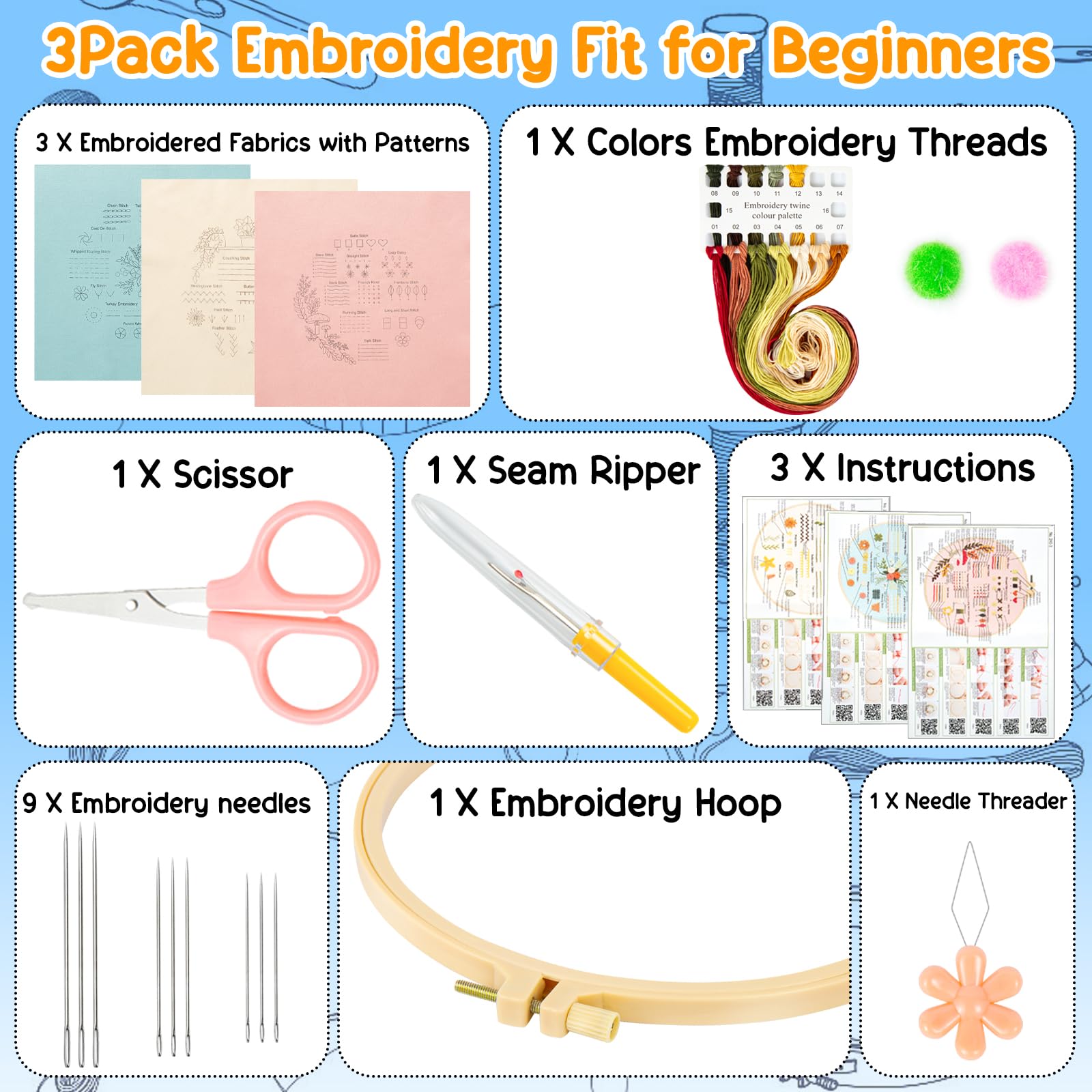 Embroidery Kit for Beginners - 3 Sets, Hoop Included -2 Embroidery Kit for Beginners - 3 Sets, Hoop Included -2