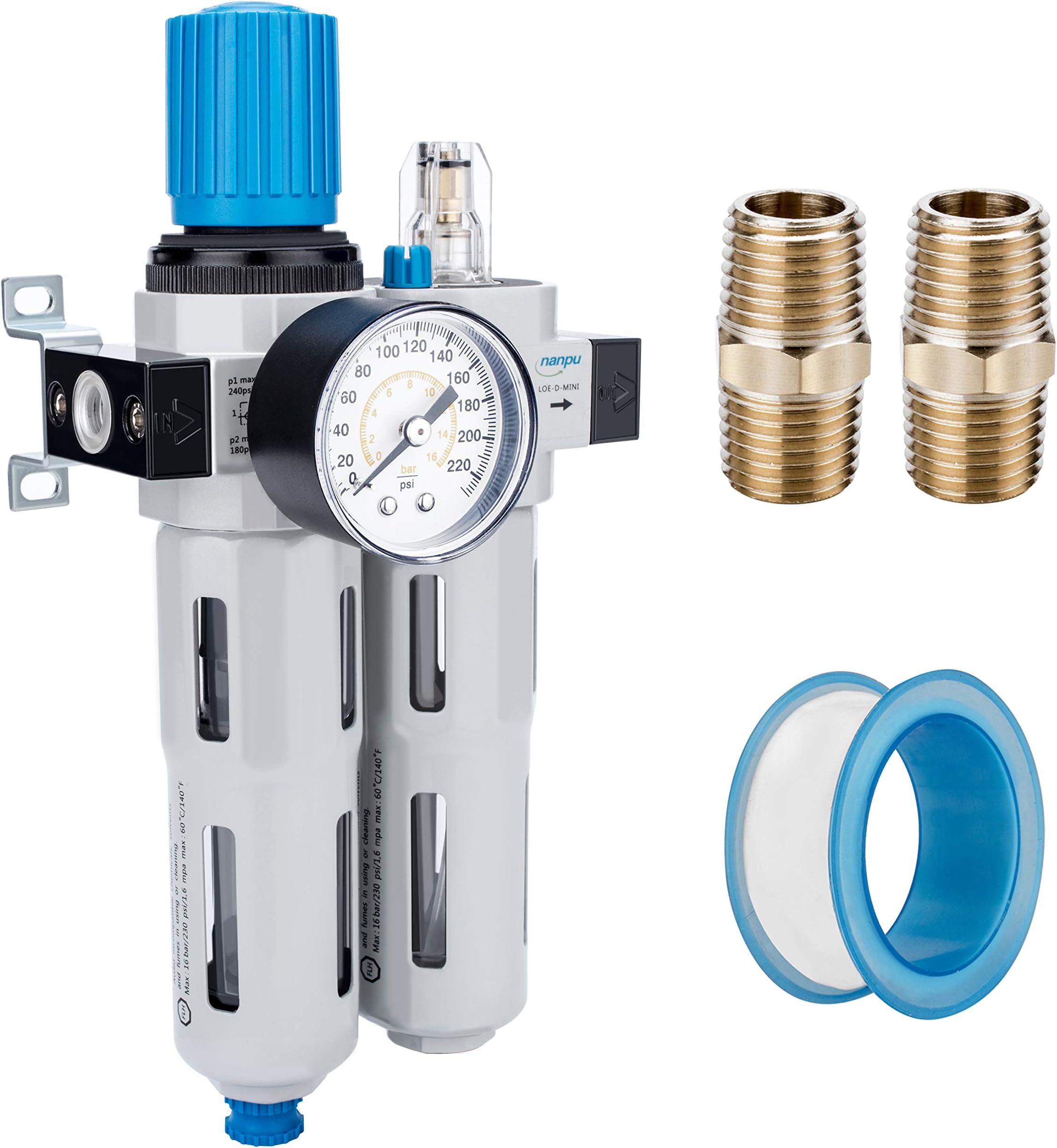 NANPU 1/4" NPT High Pressure Compressed Air Filter Regulator Lubricator Combo Water/Oil Trap Separator - Gauge(0-230 psi), Poly Bowl, Semi-Auto Drain, Bracket - 3 in 1 Two Unit