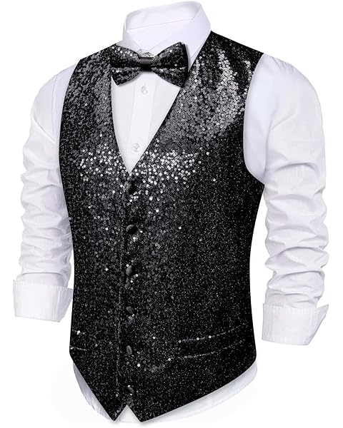 Barry.Wang Mens Sequins Vest Formal/Leisure V-neck Shiny Waistcoat Bowtie Set Prom Party Tuxedo