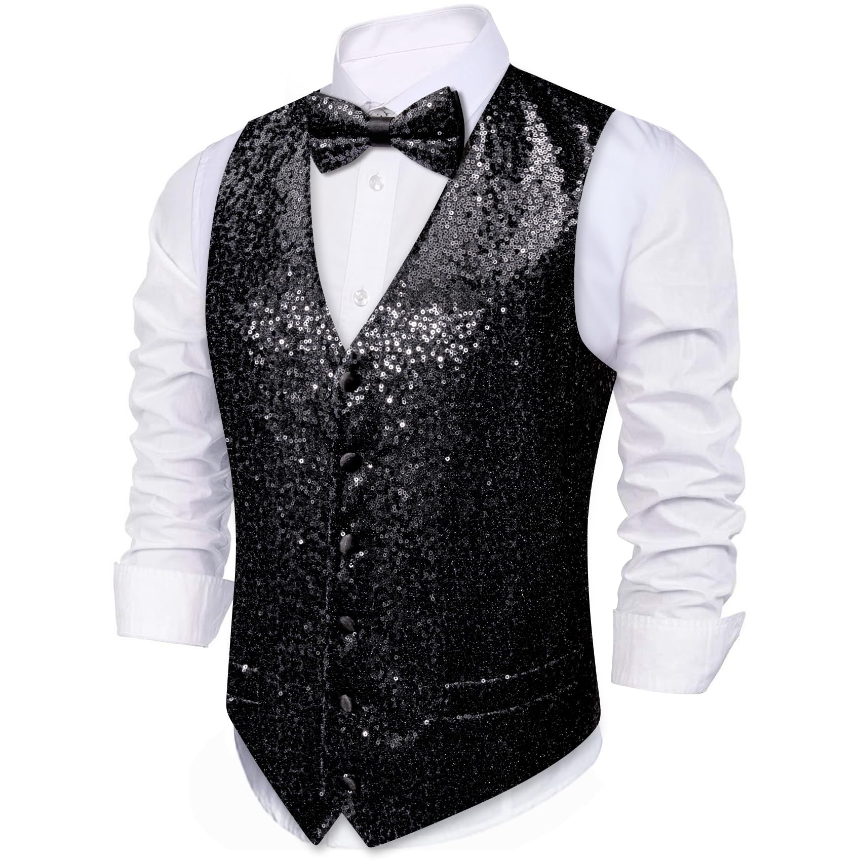 Barry.Wang Gilet da uomo con paillettes, gilet, papillon con risvolto, con scollo a V, per feste di fine anno, smoking, matrimoni, taglie S-3XL